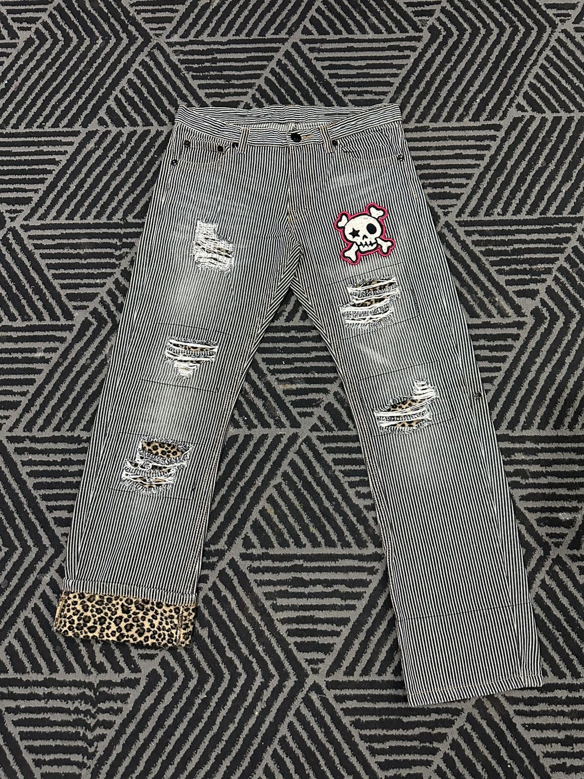 If Six Was Nine × Vintage Vintage Japanese Punk Style Skull Patchwork Striped Denim Size US 32 / EU 48 - 1 Thumbnail