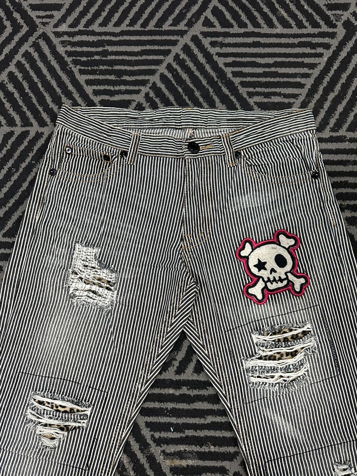 If Six Was Nine × Vintage Vintage Japanese Punk Style Skull Patchwork Striped Denim Size US 32 / EU 48 - 2 Thumbnail