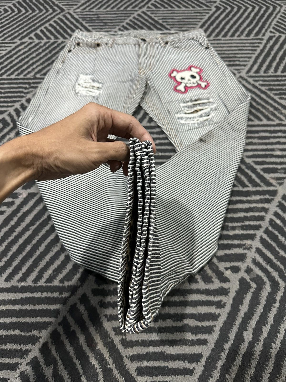 If Six Was Nine × Vintage Vintage Japanese Punk Style Skull Patchwork Striped Denim Size US 32 / EU 48 - 5 Thumbnail