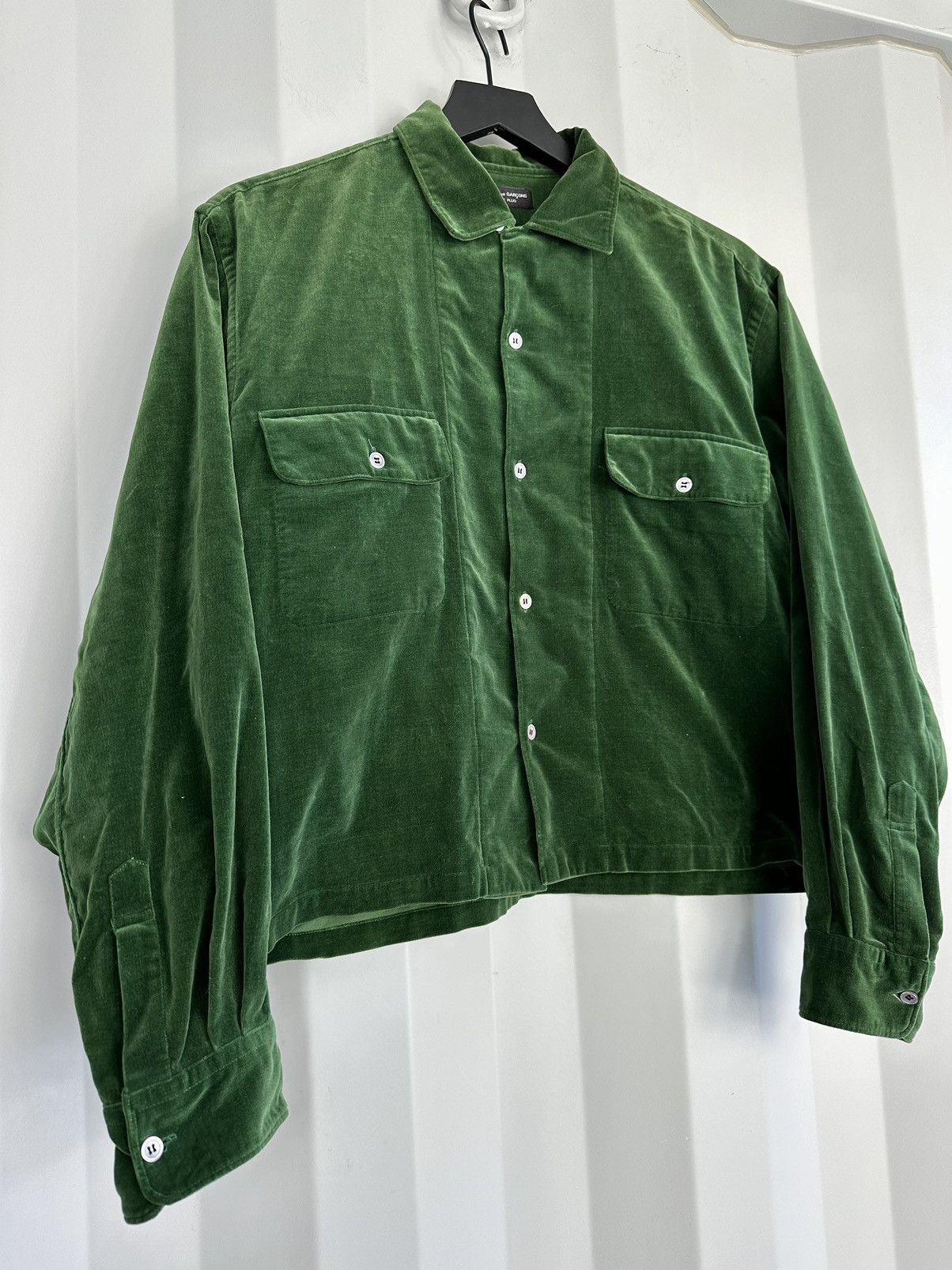 image of Comme Des Garcons Homme Plus x Vintage 1989 Velour Boxy Cropped Button Shirt in Green (Size Medium)