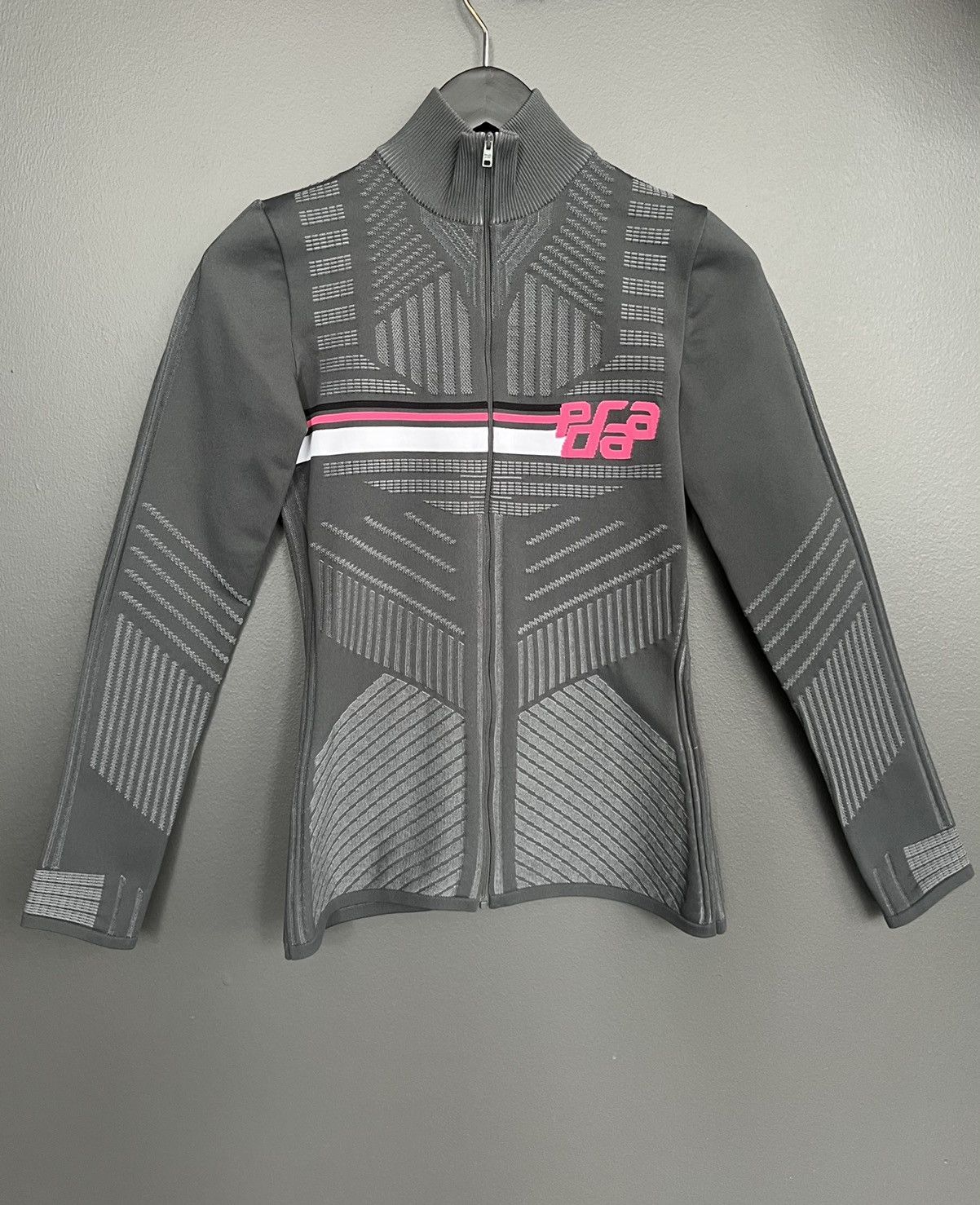 Image of Prada Black And Pink Logo Zip-Up Technical Cardigan in Grey, Men's (Size XS)