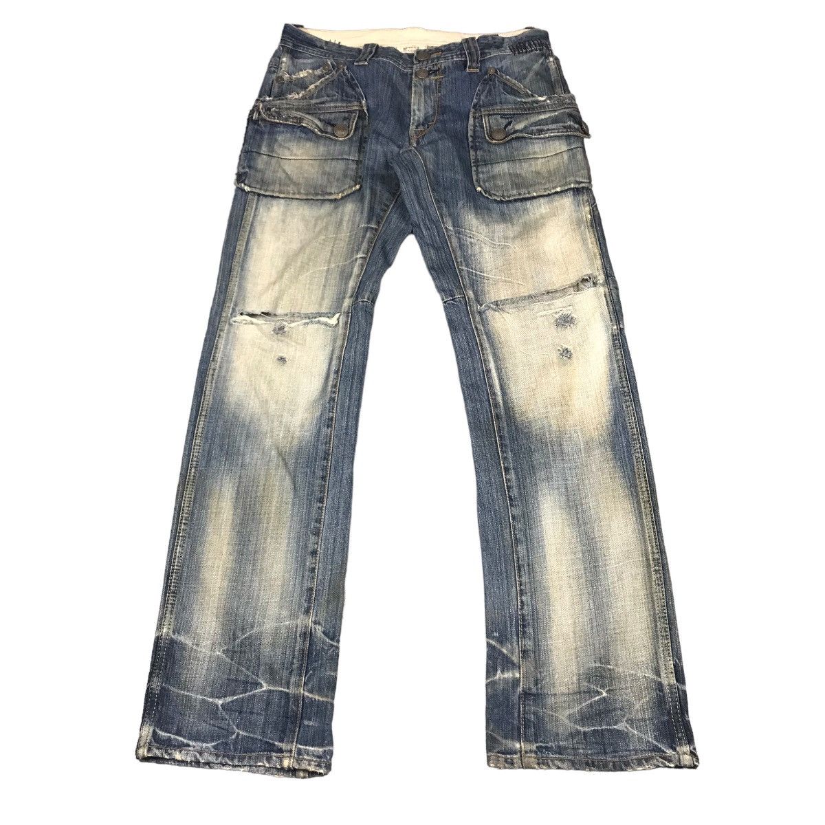 image of Flared Denim Bartack Distressed Jeans Pants 126 in Blue Denim, Men's (Size 32)
