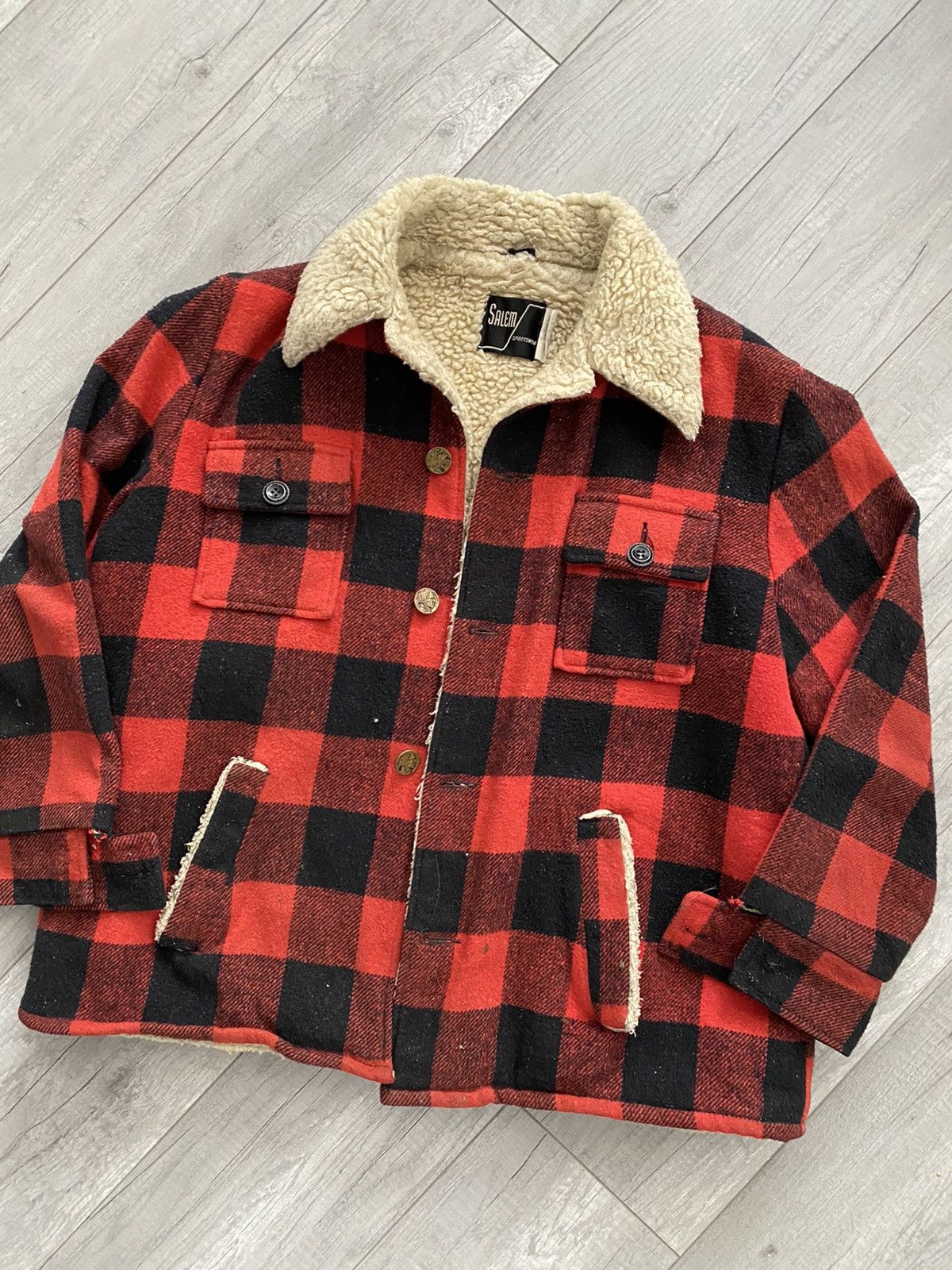 Vintage Sherpa Lined Wool Flannel Button Up Heavy Jacket