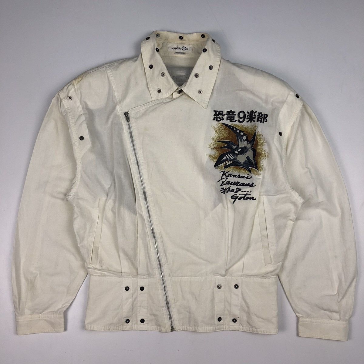 Japanese Brand × Kansai Yamamoto × Vintage Vintage KANSAI dinosaur handprinted art cross zipper jacket Size US S / EU 44-46 / 1 - 4 Thumbnail