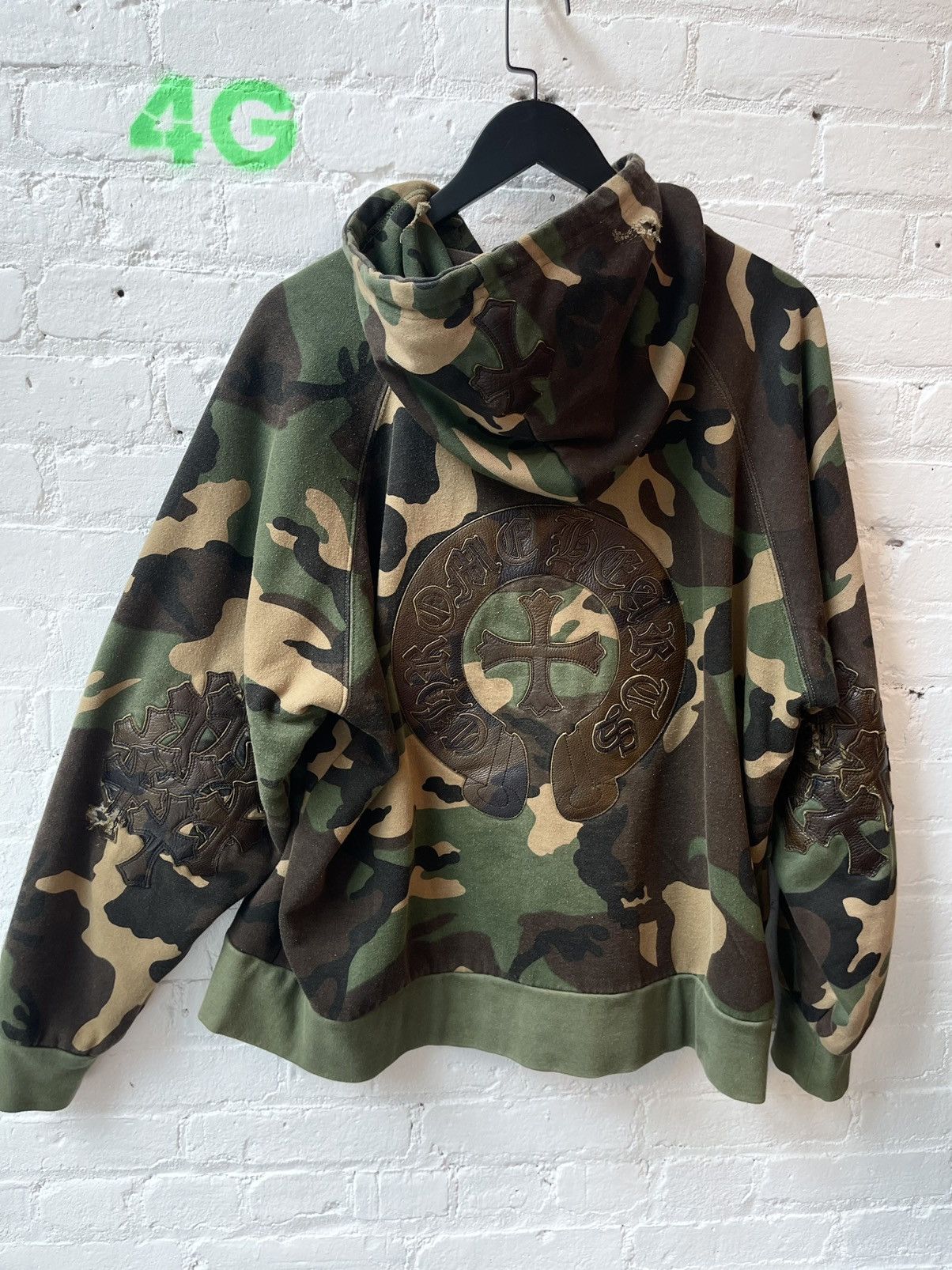 image of Chrome Hearts Camo Thrashed Hoodie Jacket Cross Patch Xl, Men's