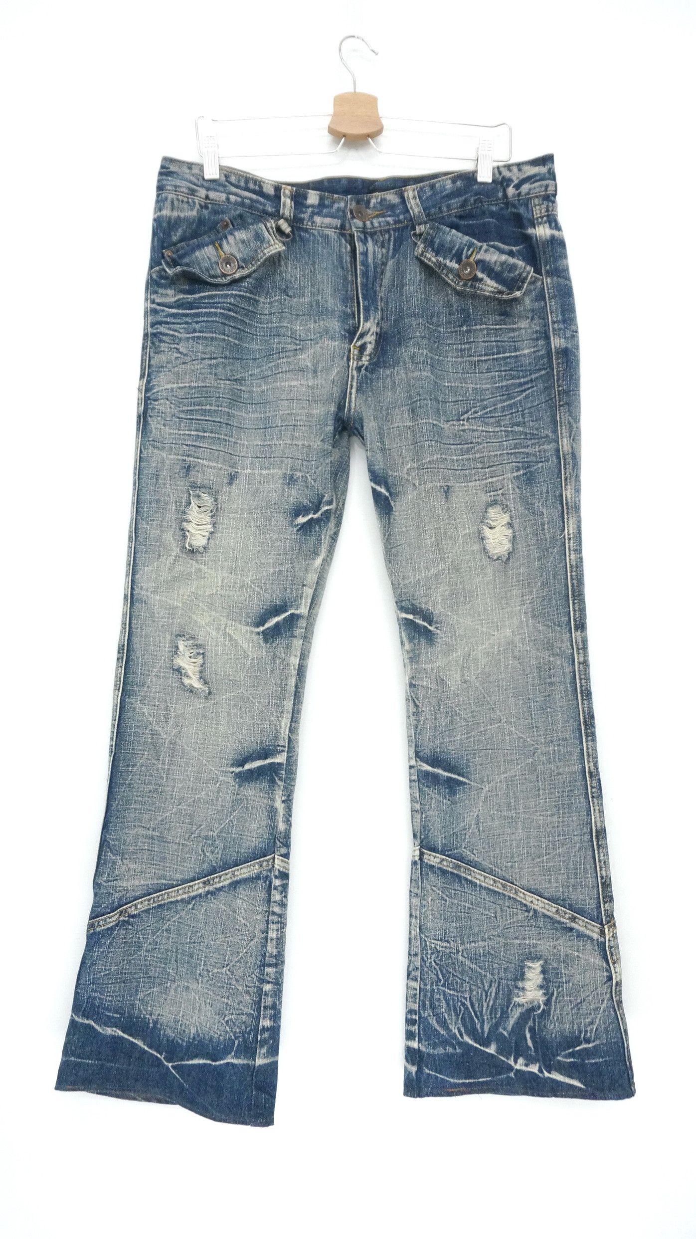 image of If Six Was Nine x Vintage Flare VTG Japan Black Crown Distressed Lowrise Jeans in Denim Blue Faded 