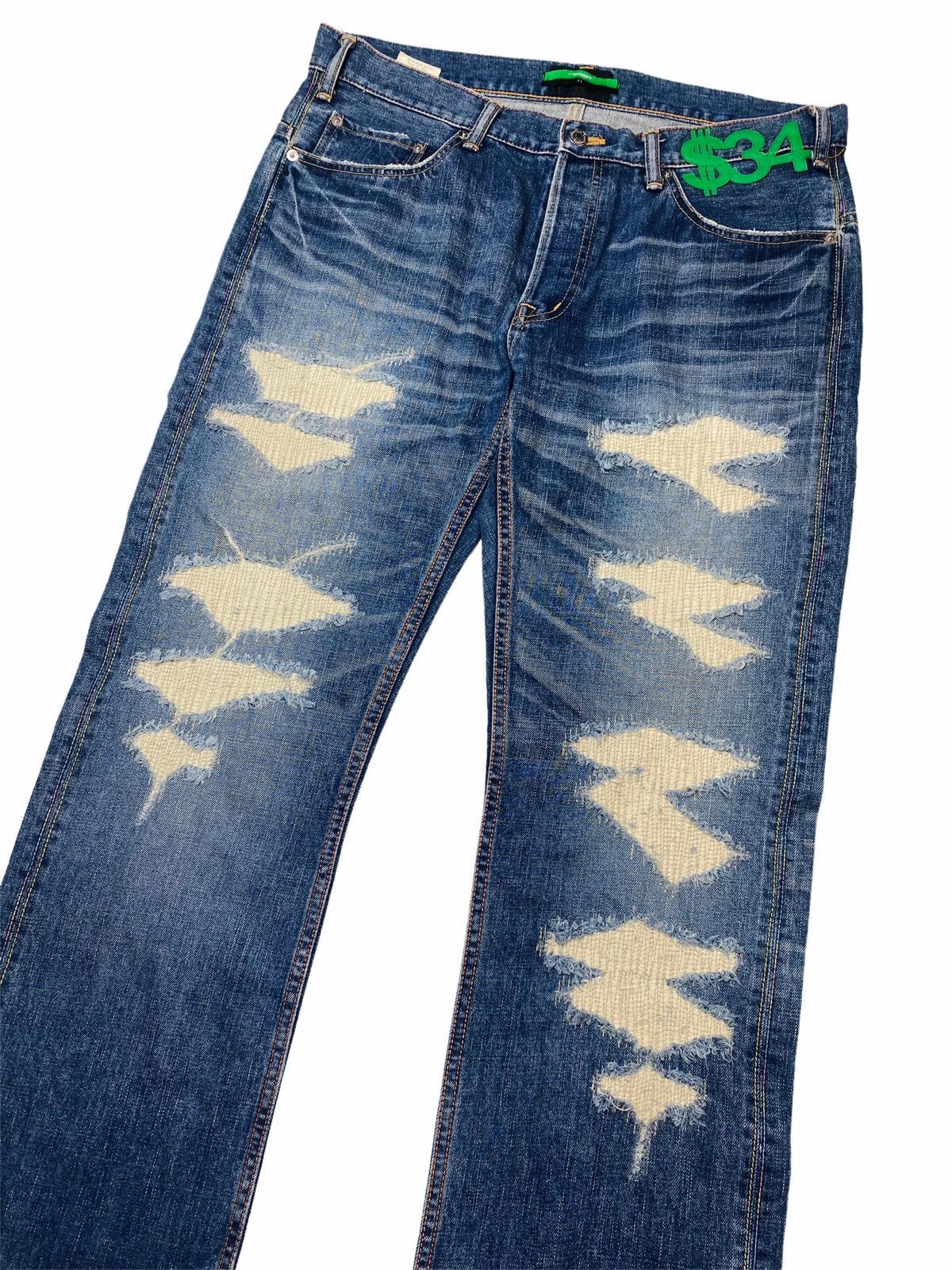 Japanese Brand 2000s Swagger - Dollar Patch Crash Denim Size US 34 / EU 50 - 3 Thumbnail