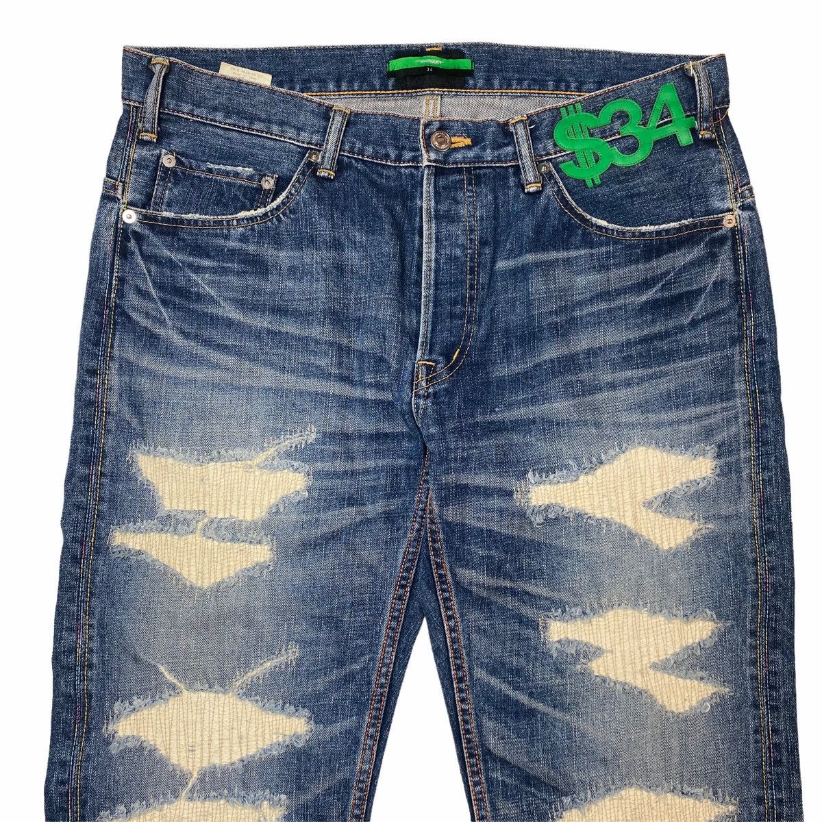 Japanese Brand 2000s Swagger - Dollar Patch Crash Denim Size US 34 / EU 50 - 6 Thumbnail