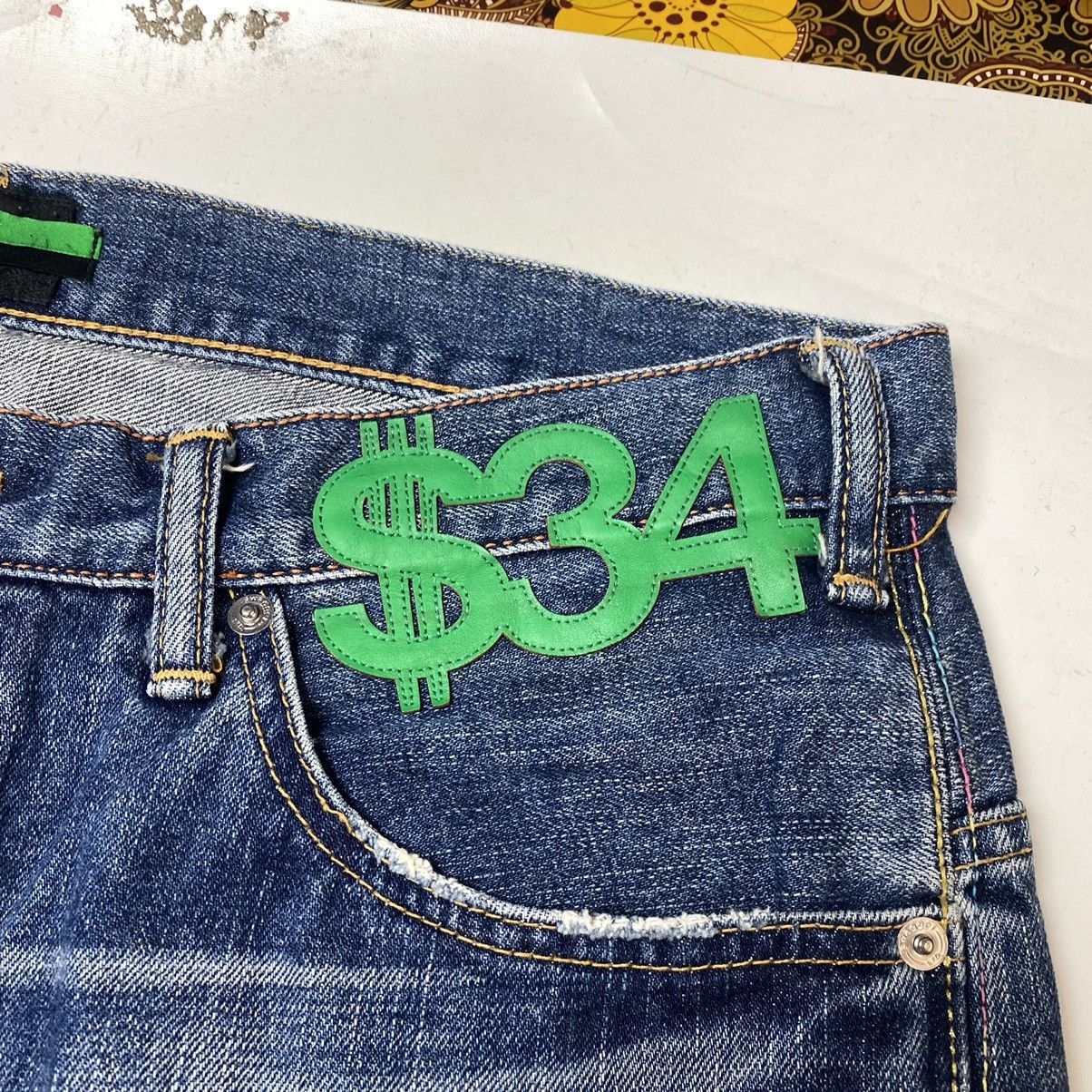 Japanese Brand 2000s Swagger - Dollar Patch Crash Denim Size US 34 / EU 50 - 13 Thumbnail