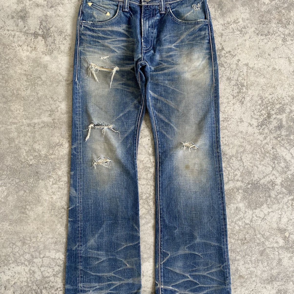 Vintage Ufin & Sons Made In Japan Faded Blue Distressed Flared Jeans Size US 31 - 2 Thumbnail
