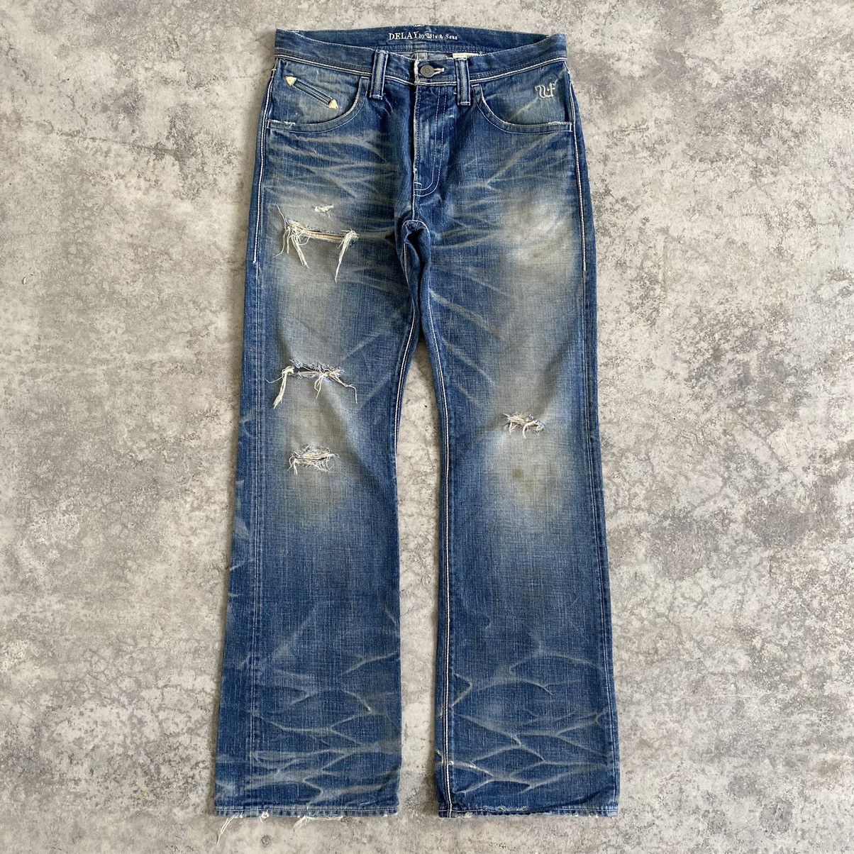 image of Distressed Denim Ufin & Sons Made In Japan Distressed Flared Denim Jeans in Washed Blue (Size 32)