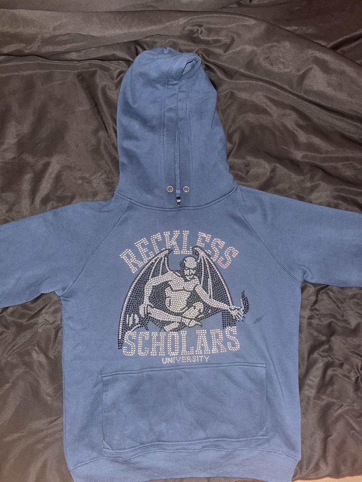 image of Elykong Reckless Scholars Blue Rhinestone Hoodie, Men's (Size Medium)
