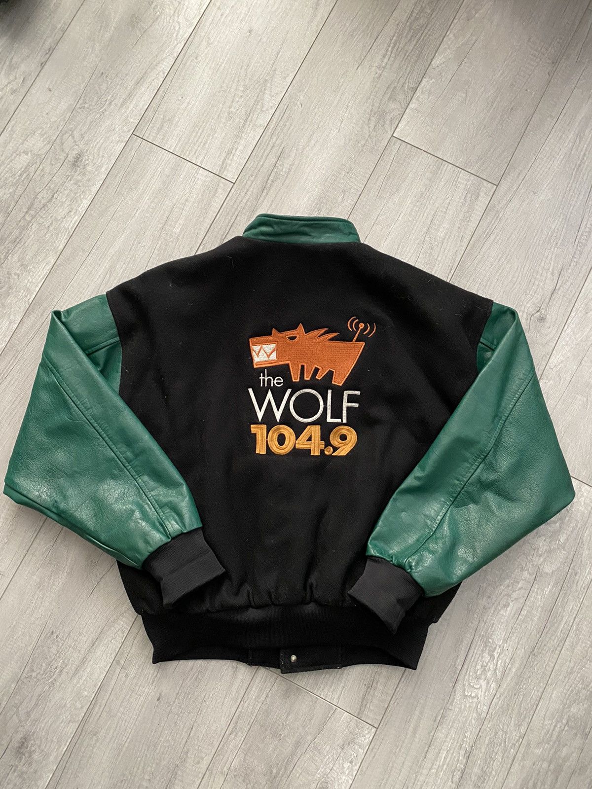image of Vintage 90’S Wolf 104.9 Varsity Jacket Made In Canada in Black/Green, Men's (Size Medium)