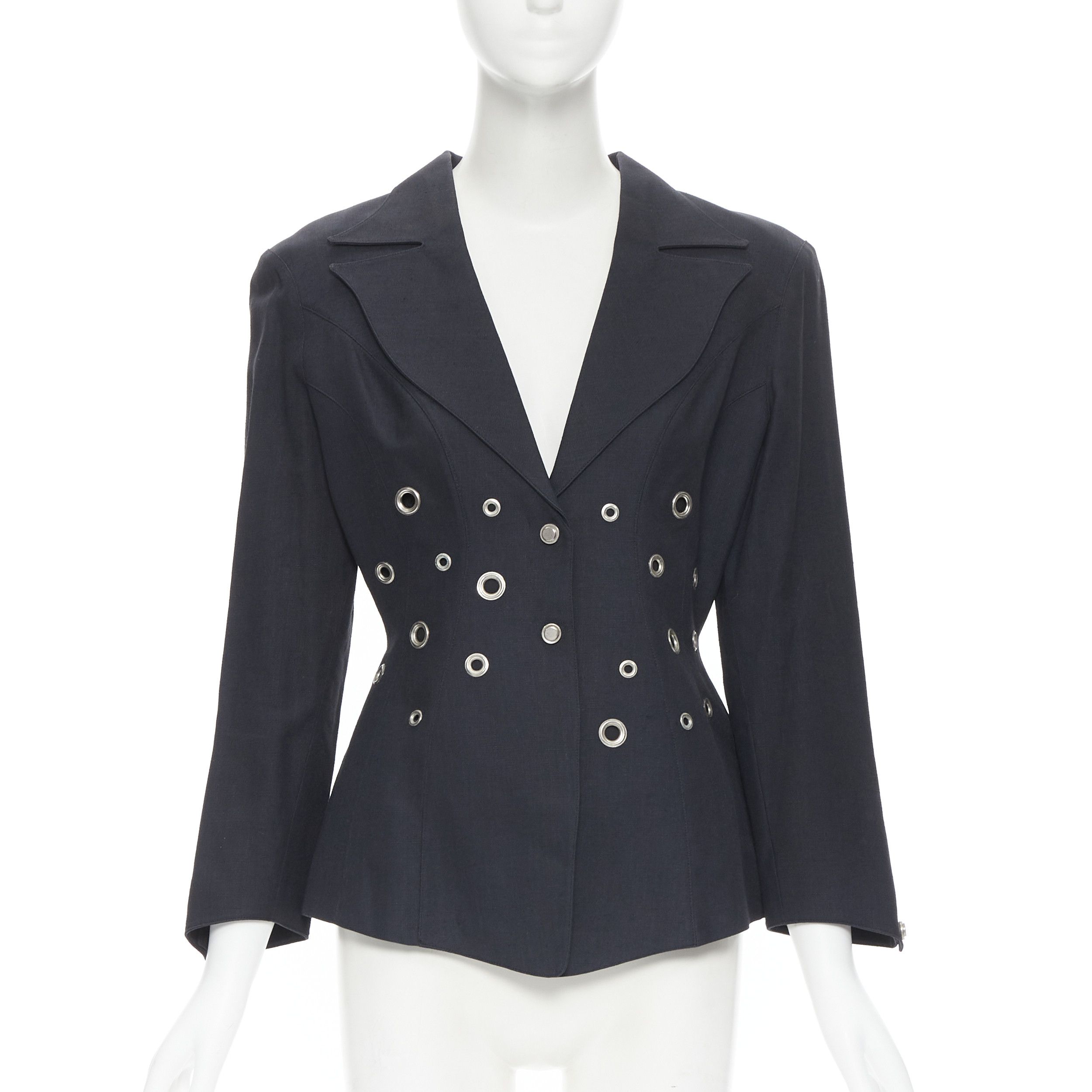 image of Vintage Thierry Mugler Vampire Collar Grey Grommet Stud Blazer Jacket Fr38, Women's (Size Small)
