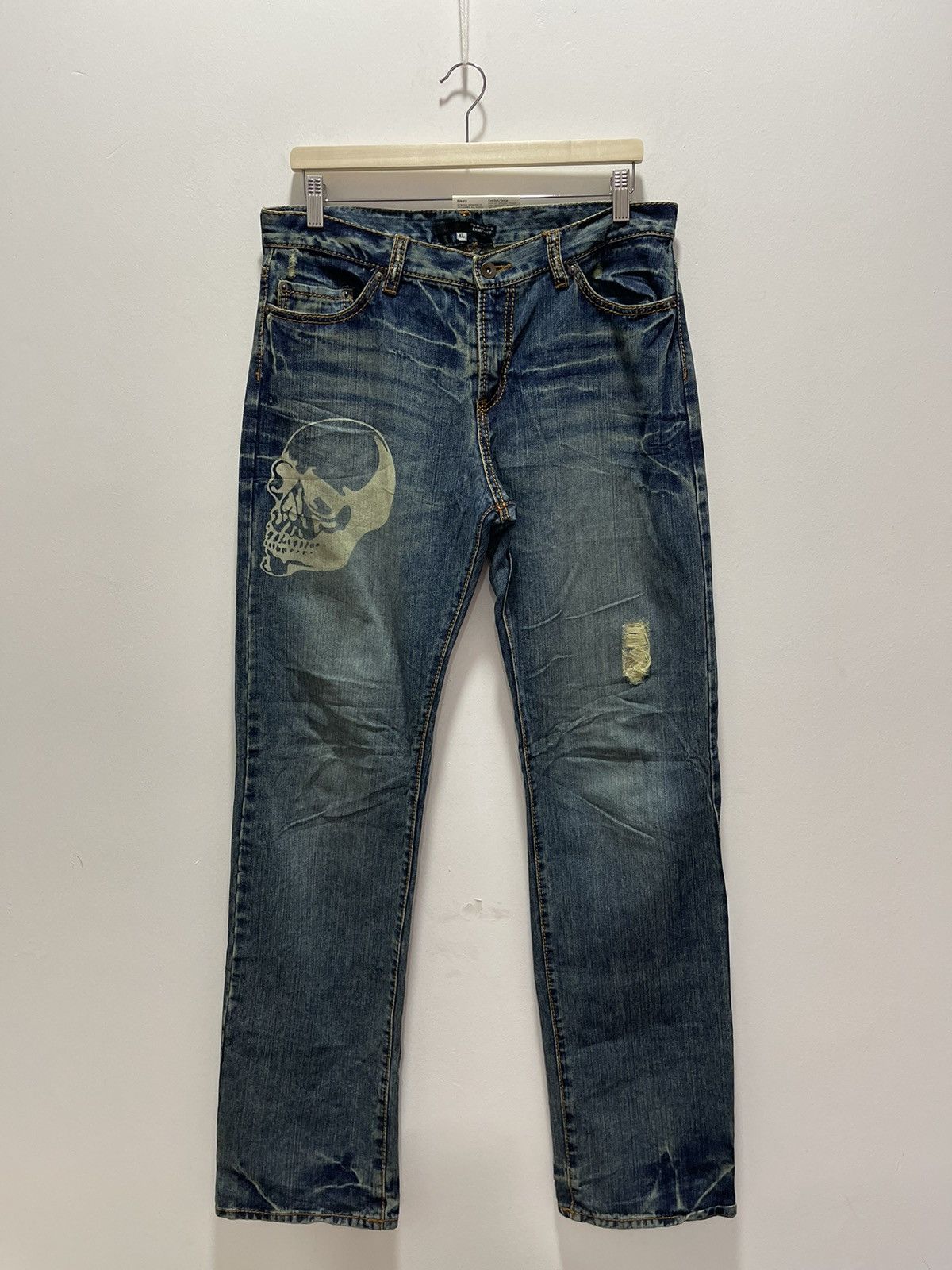 Vintage JAPANESE BRAND SKULL LOGO PRINTED RIPPED DISTRESSED JEANS Size US 34 / EU 50 - 2 Thumbnail
