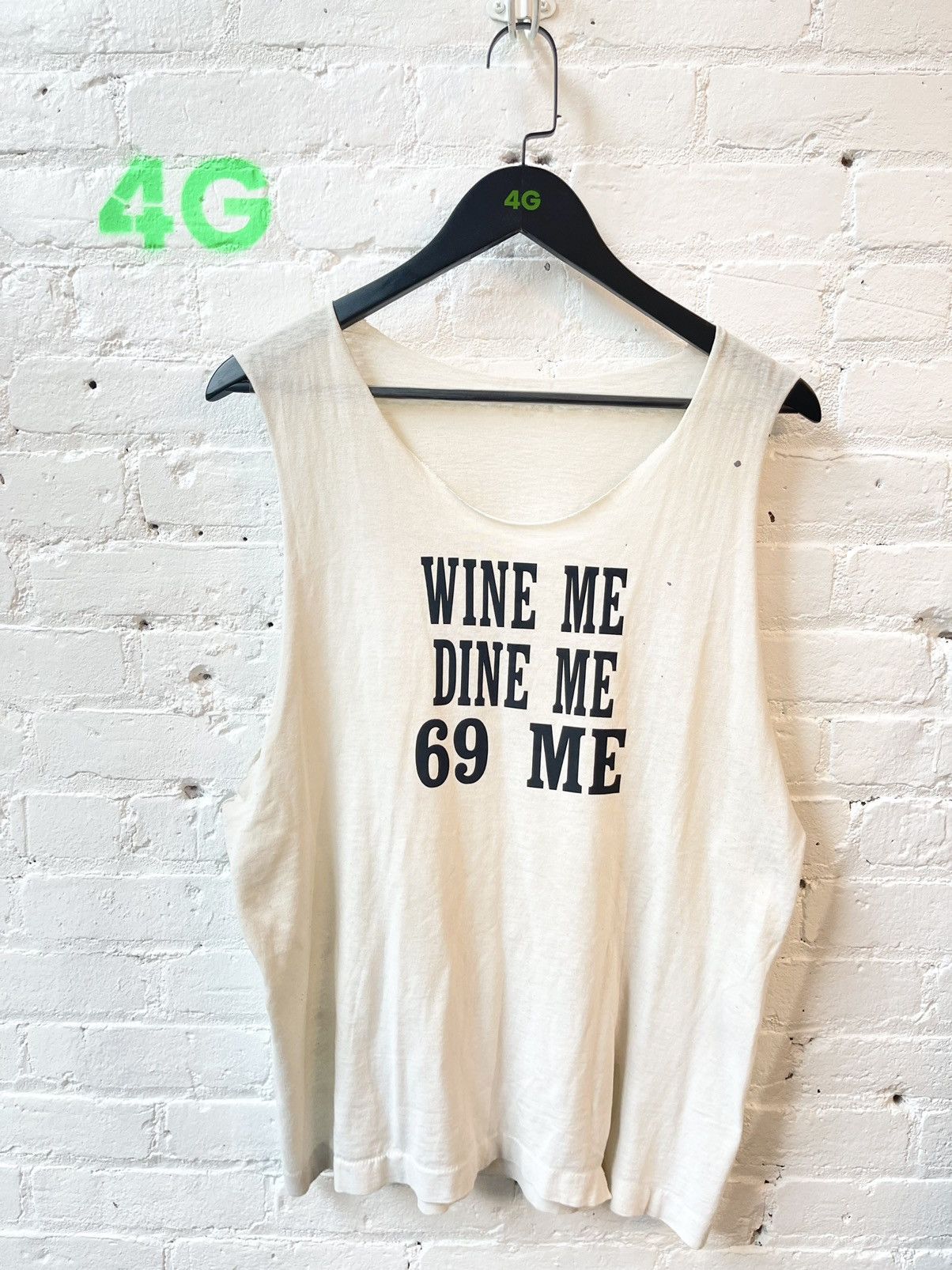 image of Vintage Wine Me Dine Me 69 Me Tank Top Thin Thrashed Shirt in White, Men's (Size Large)