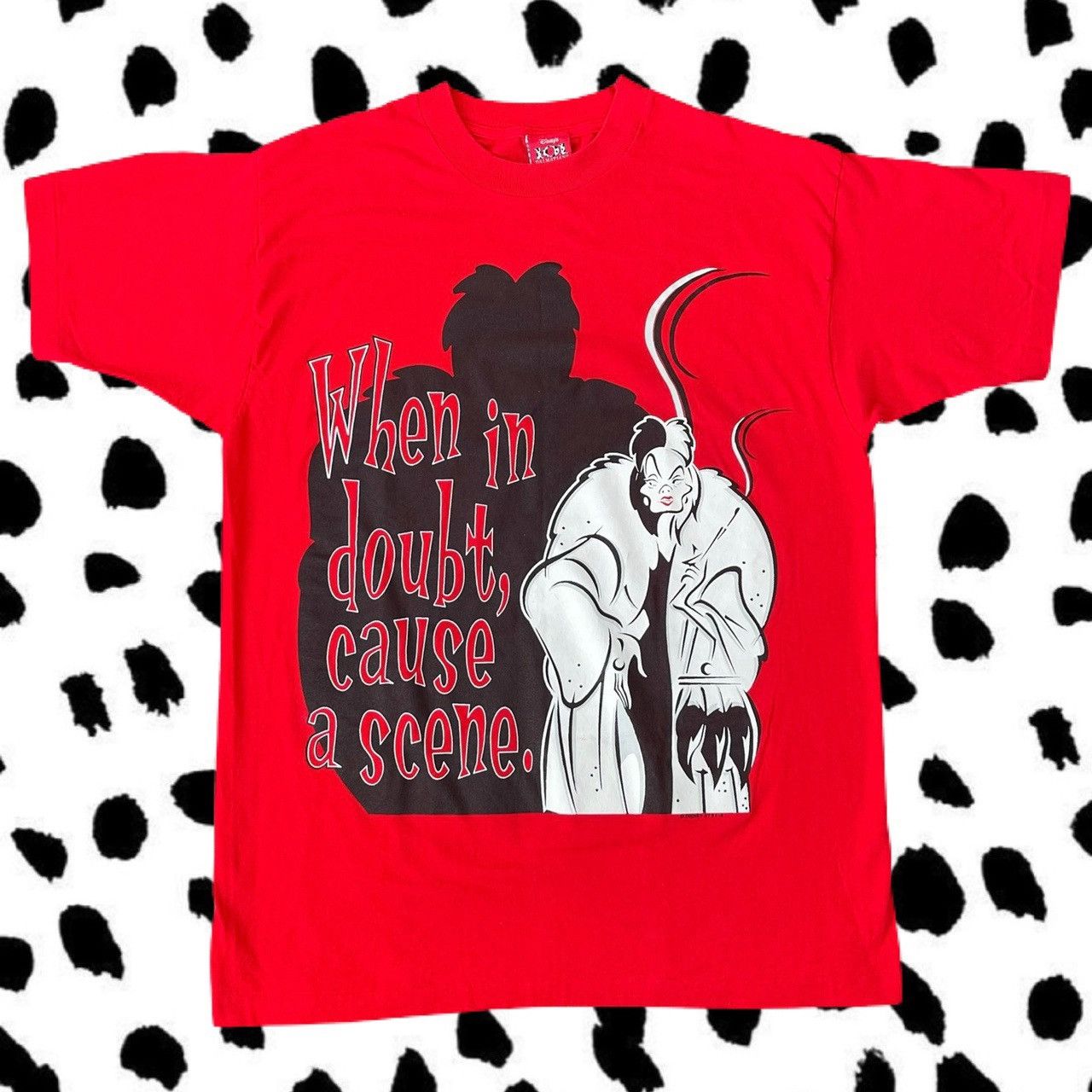 image of Vintage Disney Villains 101 Dalmatians Cruella De Vil Shirt in Red, Men's (Size XL)