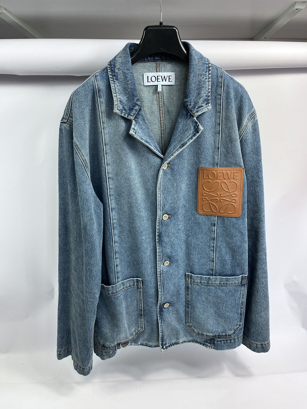 Image of Loewe Leather Pocket Denim Jacket in Blue, Men's (Size 2XL)