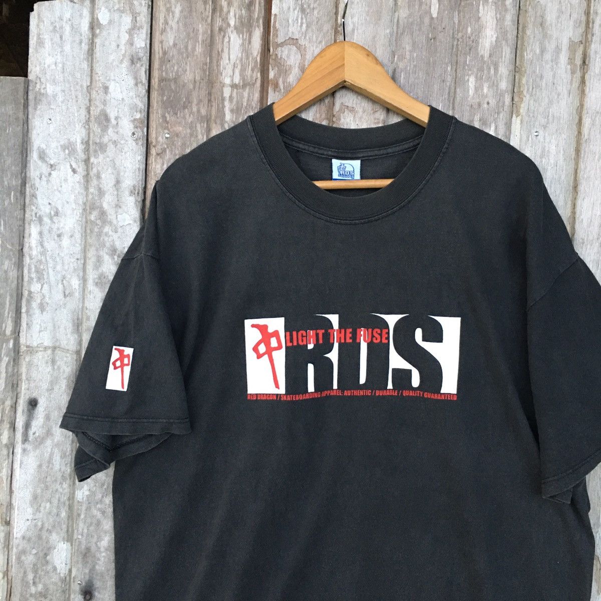 image of Hook Ups x Skategang Thrashed Faded Vintage Y2K Red Dragon Skateboard Brand Tee in Black (Size 2XL)