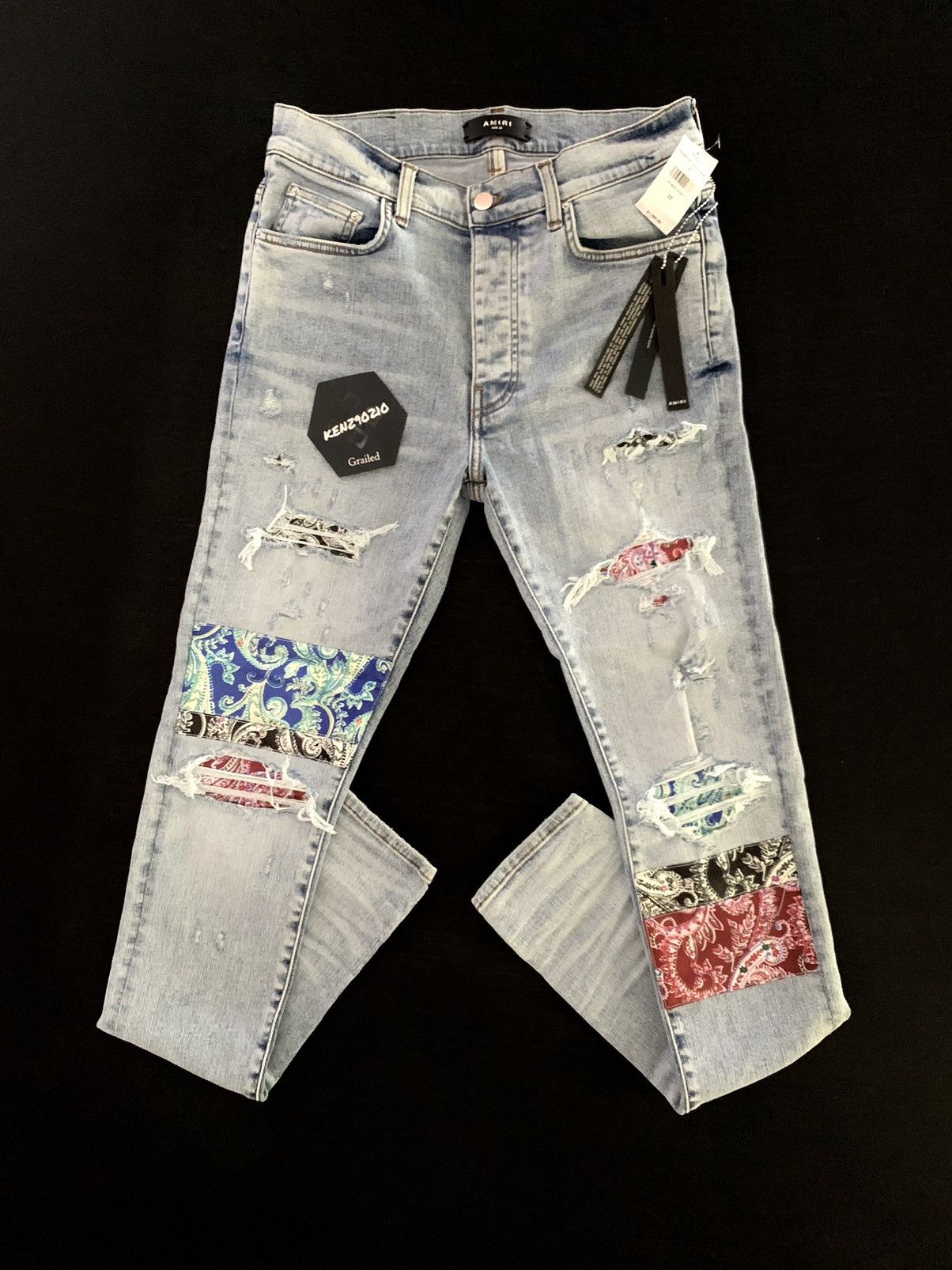 image of Amiri Blue Pajama Art Patch Jeans, Men's (Size 32)