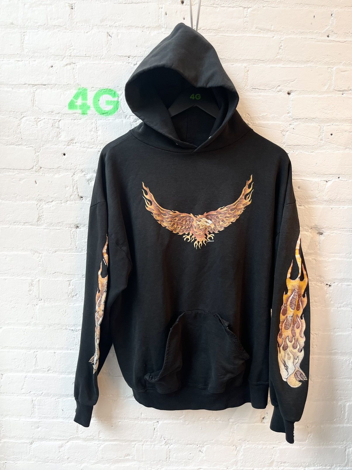 Vintage 90s THRASHED Eagle Flames Black Hoodie Paper Thin