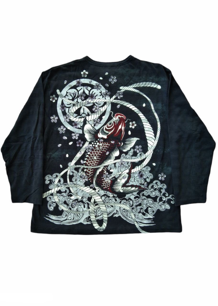 image of Sukajan T Shirts x Vintage 1990S Japanese Koi Fish Longsleeve Tshirt in Black, Men's (Size XL)