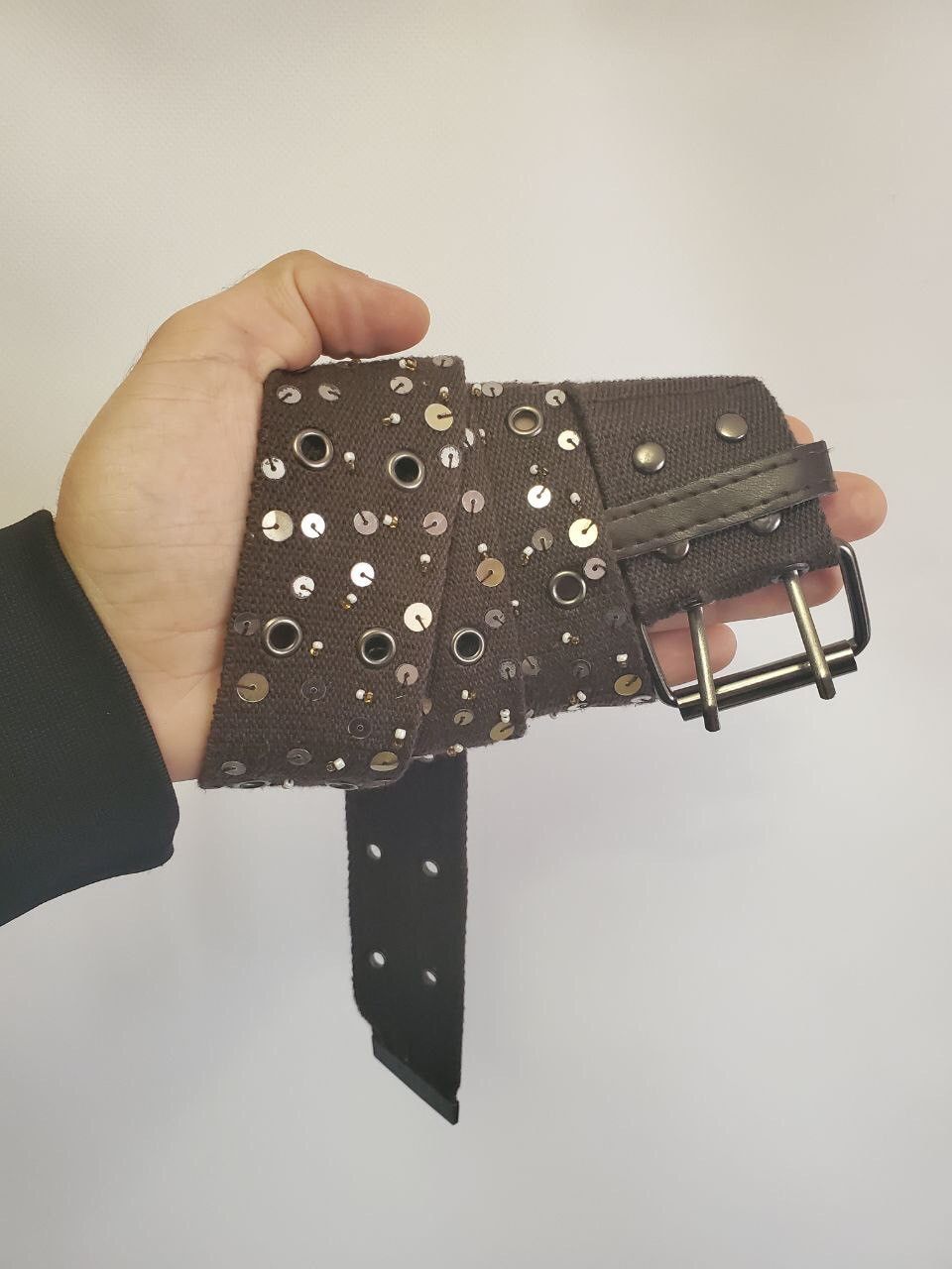 B.B. Simon × Designer × Vintage Rare Cotton Plain Webbing Canvas Crystal Belt Black Buckle Size ONE SIZE - 2 Thumbnail