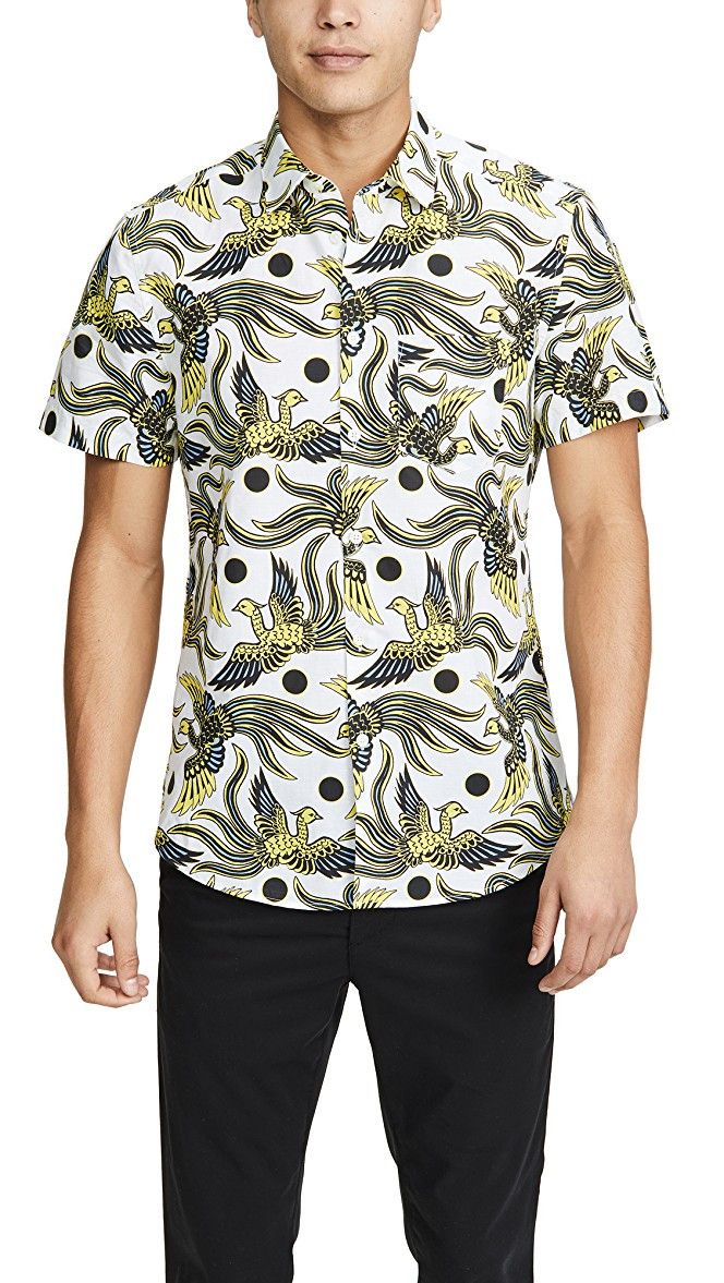 image of Kenzo Birds Short Sleeve Linen Cotton Shirt 39 Fr / Medium in White, Men's