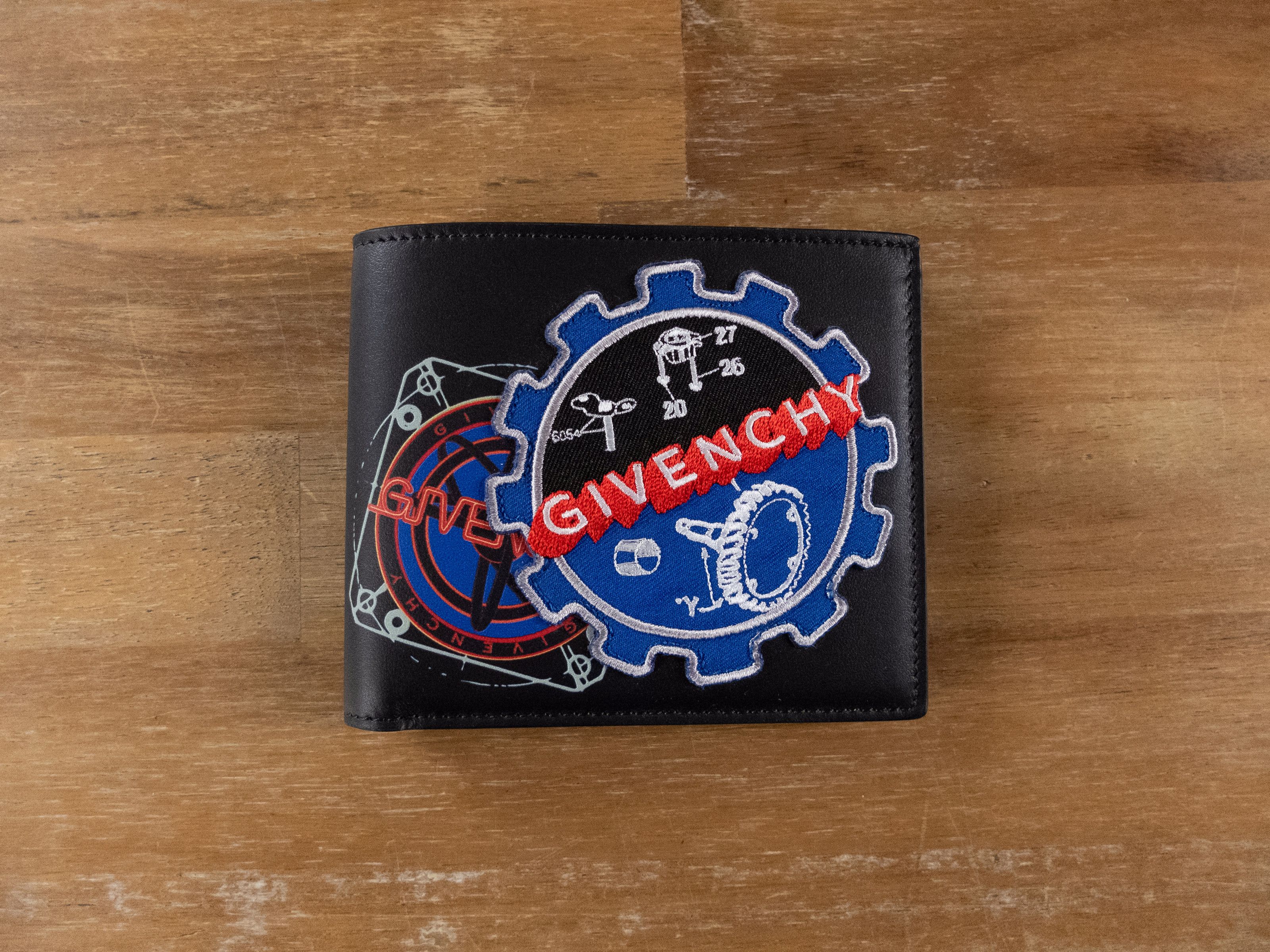 GIVENCHY black embroidered patches bifold leather wallet