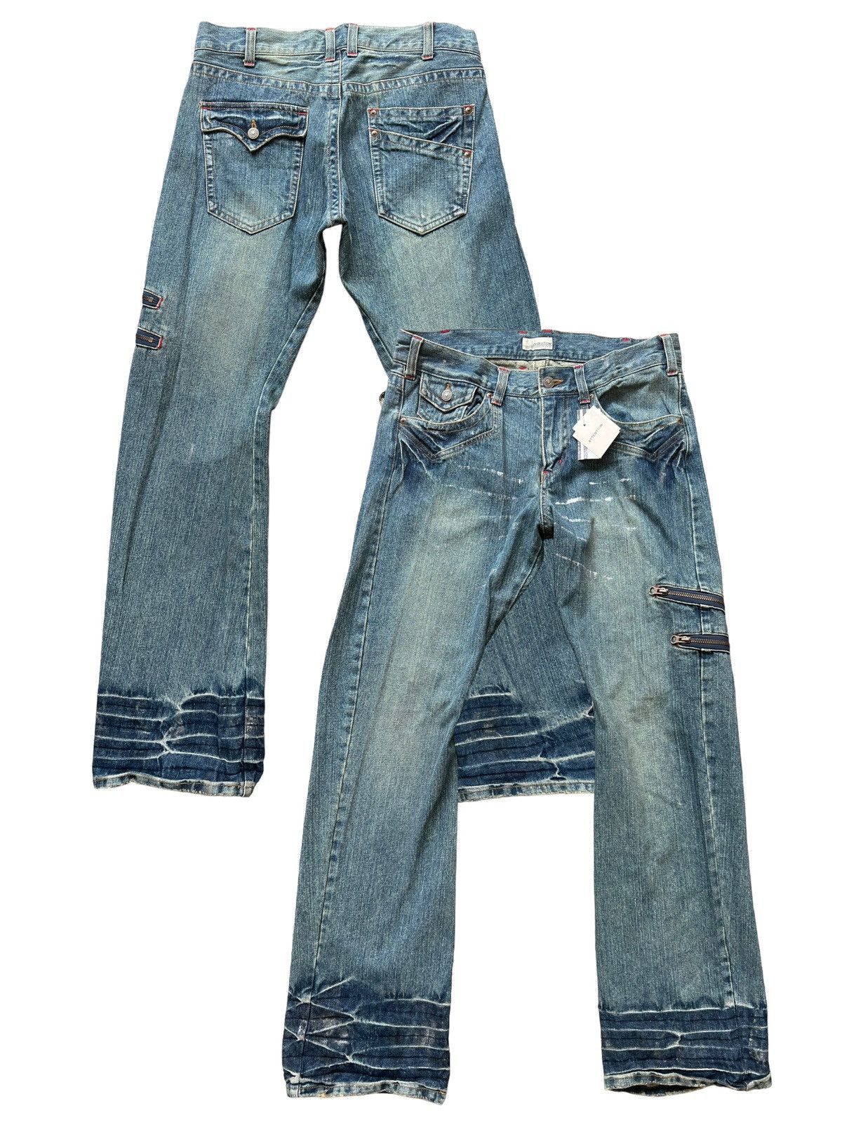 image of Distressed Denim Flared Splashed Punk Multipocket Zip Denim Jeans 34X35 in Blue, Men's