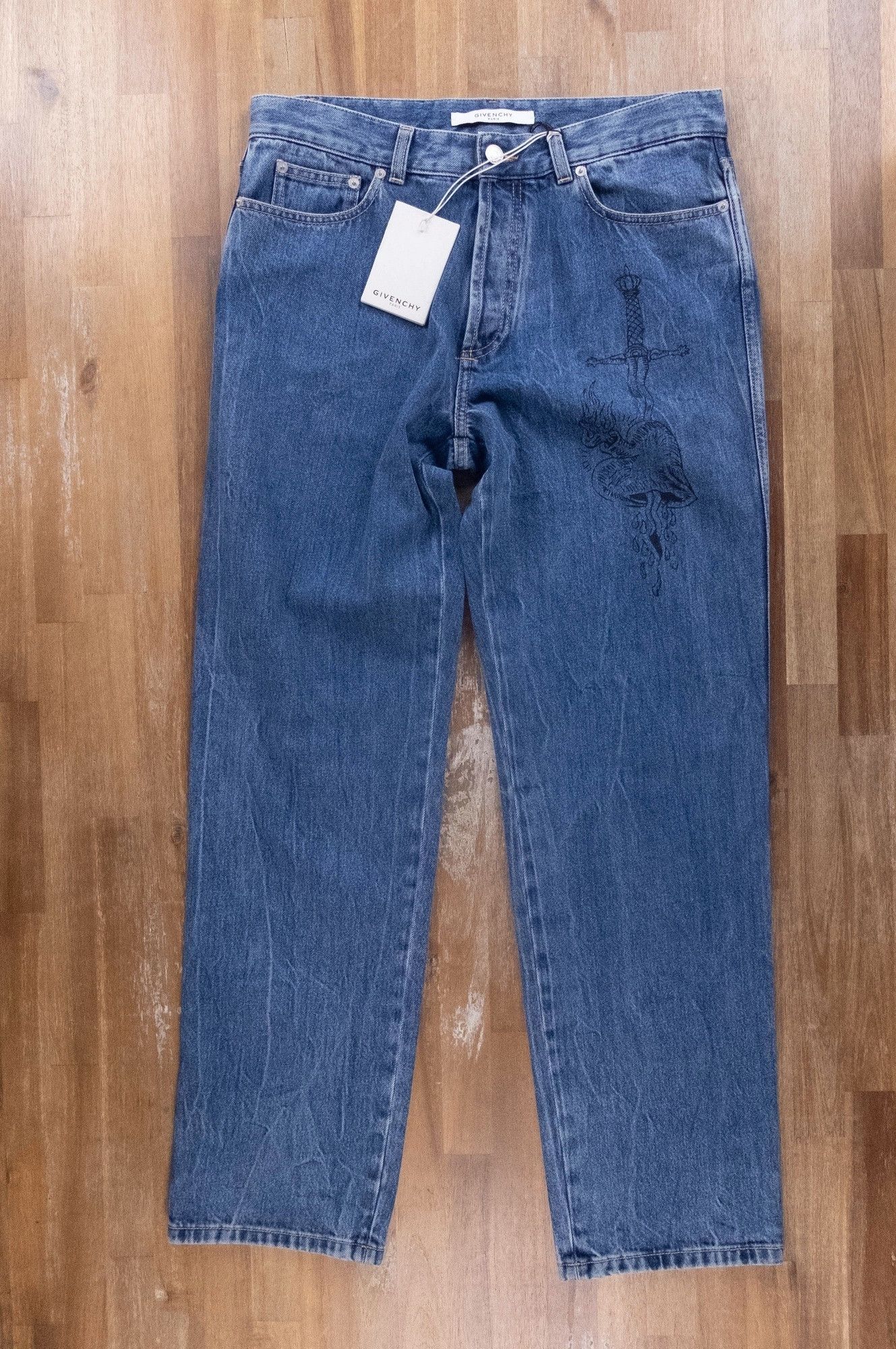 image of $775 Givenchy Blue Regular Fit Heart & Dagger Jeans 31, Men's