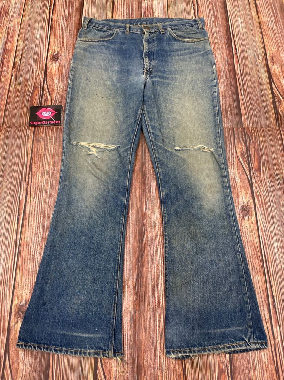 image of Distressed Denim x Levis 646 Bell Bottom B.e Flare Bootcut Ripped 60's Jeans in Blue (Size 35)