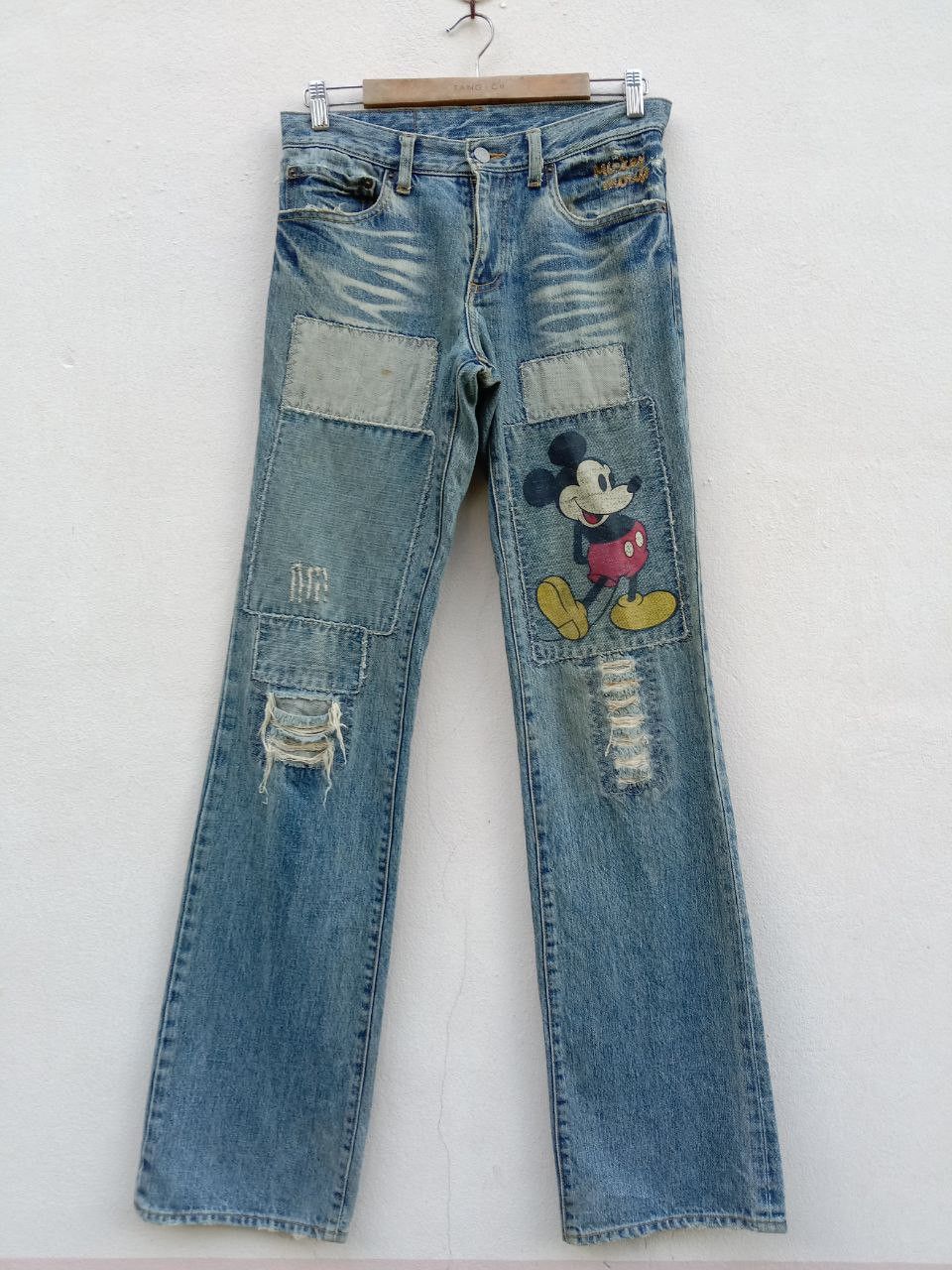 image of Vintage Mickey Mouse Disney Distressed Patchwork Jeans, Men's (Size 30)