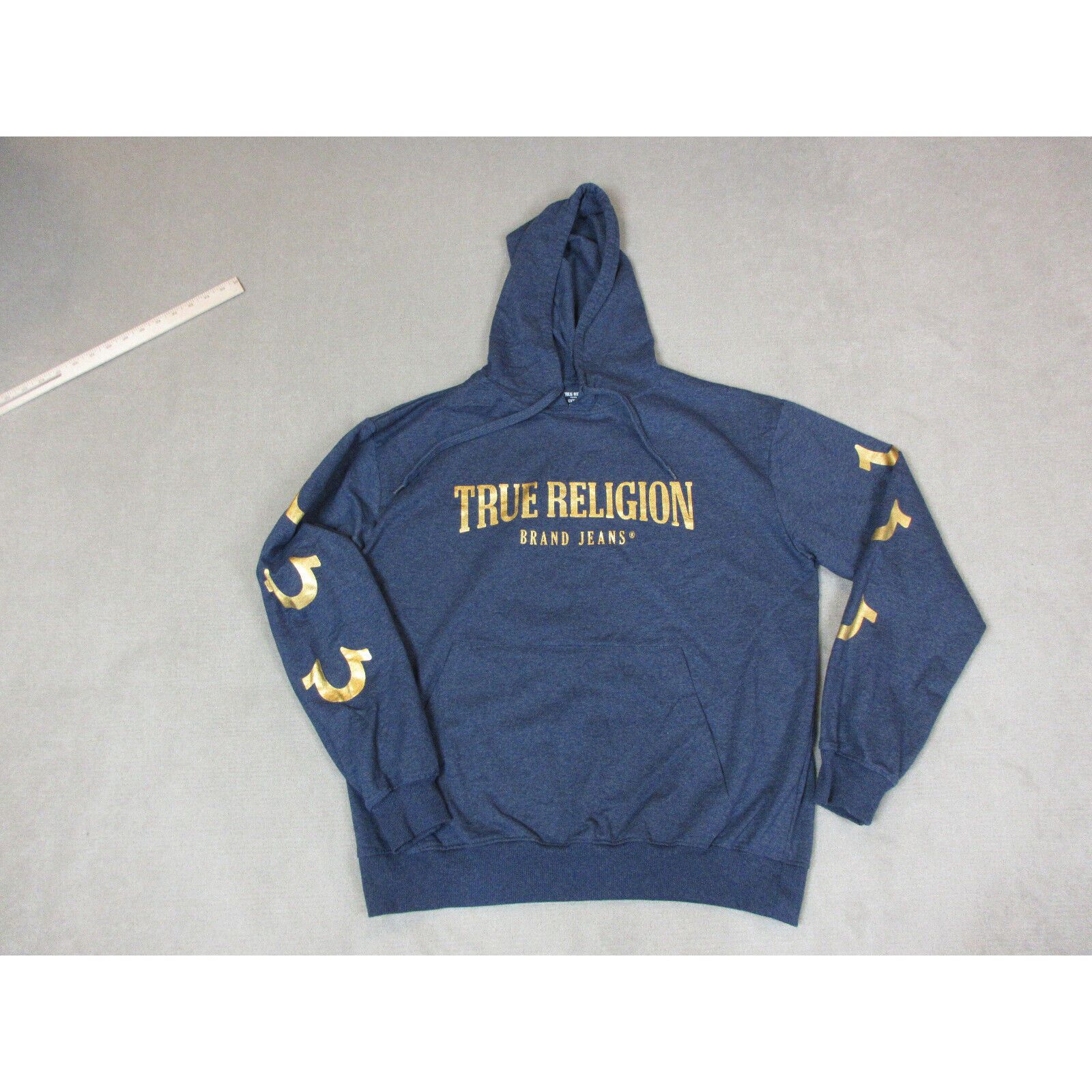 True Religion True Religion Hoodie Mens Extra Large Blue Gold Pullover  Sweatshirt Spellout | Grailed