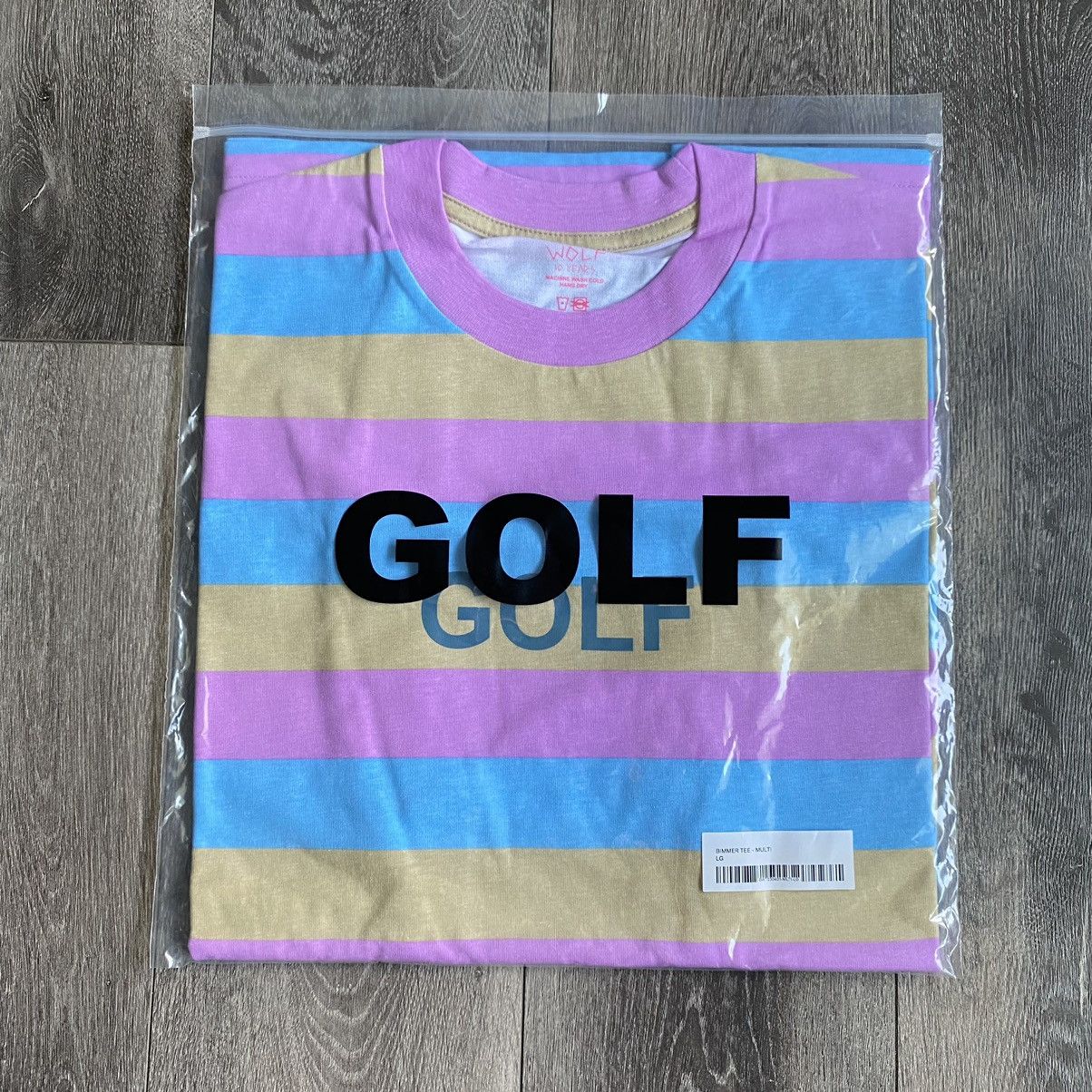 image of Golf Wang Wolf Bimmer Stripe Logo Tee Shirt 10 Year in Blue Pink Yellow Stripe, Men's (Size Large)