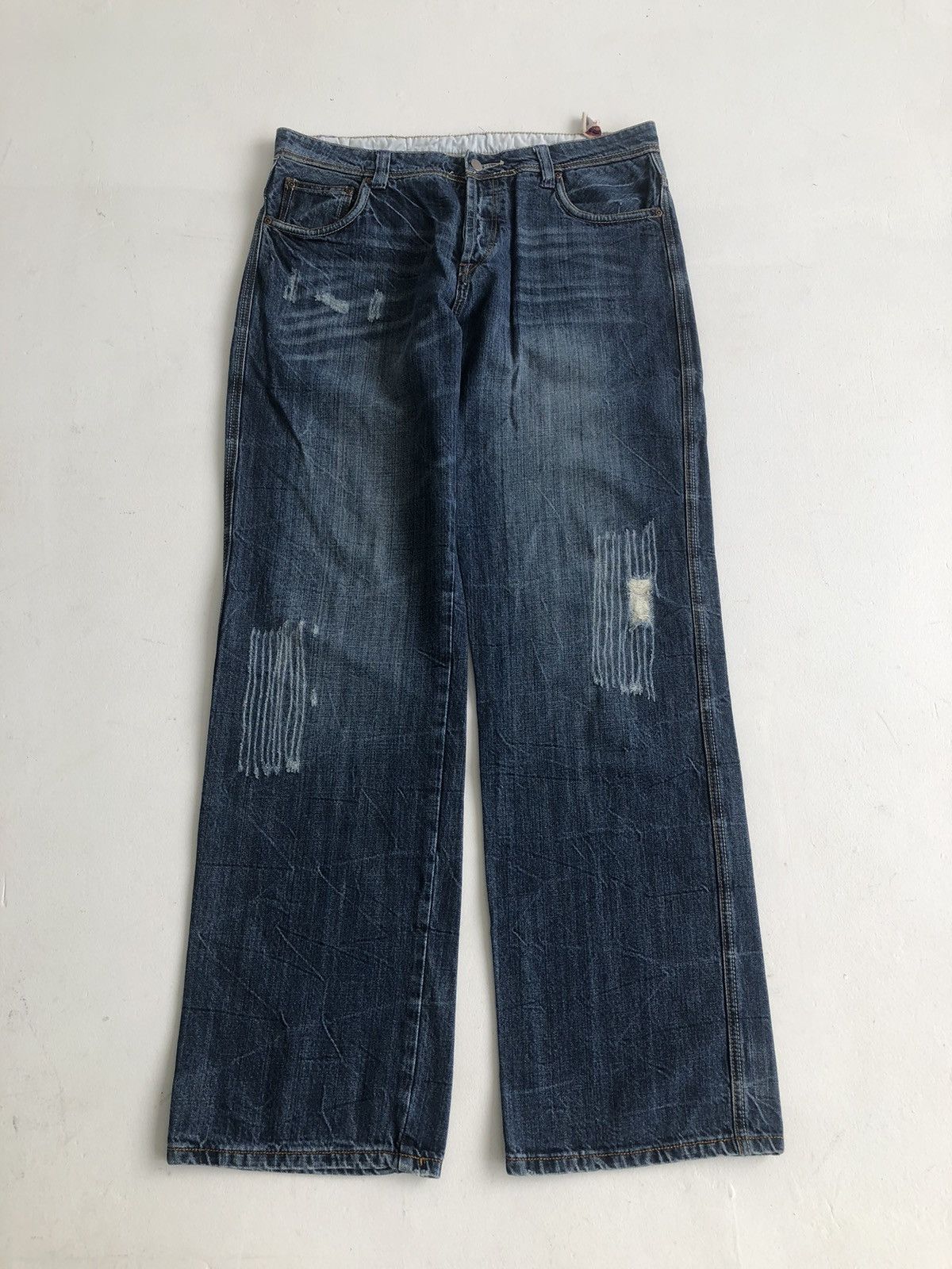 Japanese Brand Vintage Japanese whiskering Washed Perfect loose fit jeans Size US 34 / EU 50 - 1 Thumbnail