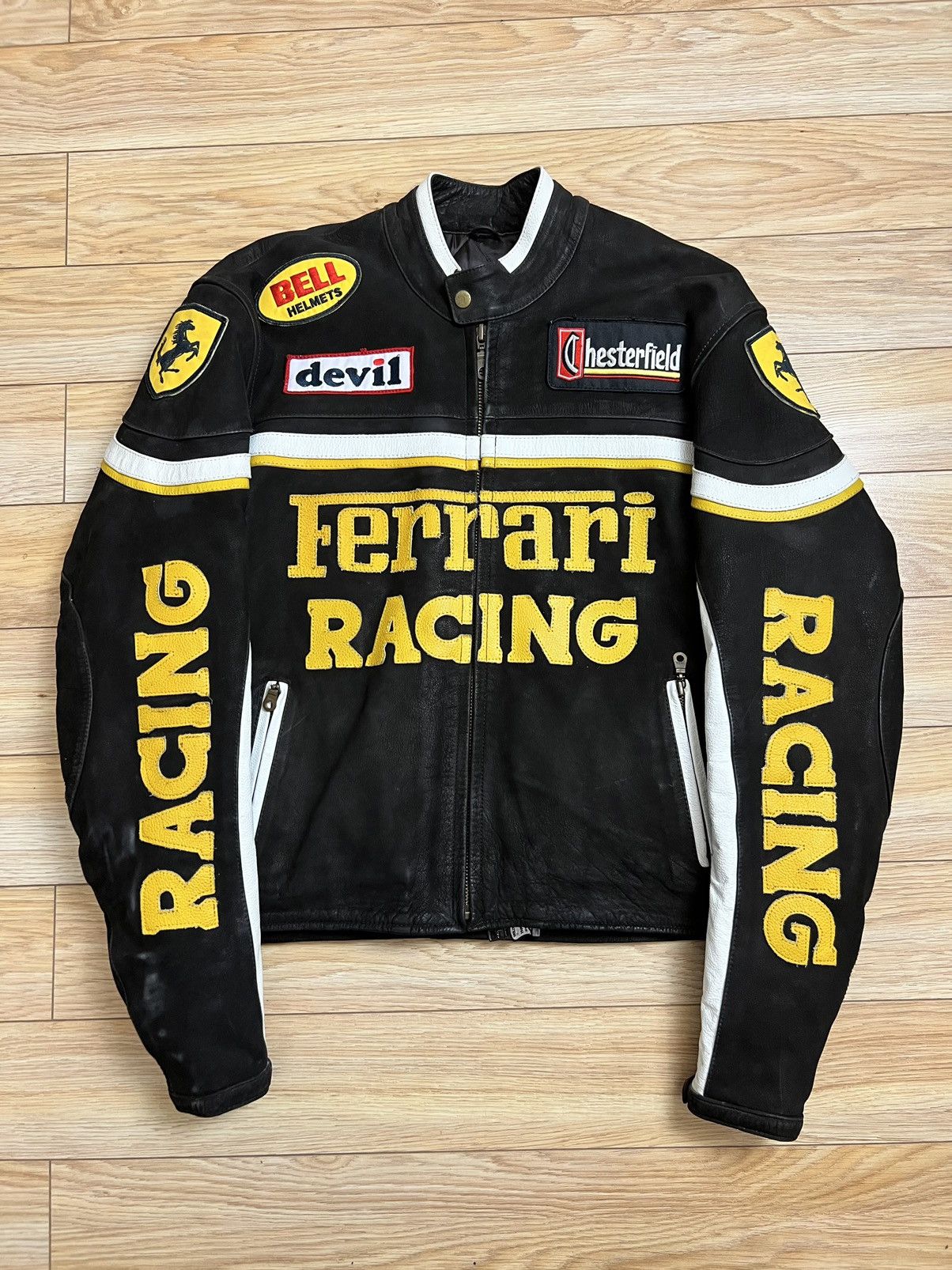 image of ferrari Racing Leather Jacket Black/yellow 90's Vintage in Red, Men's (Size XL)