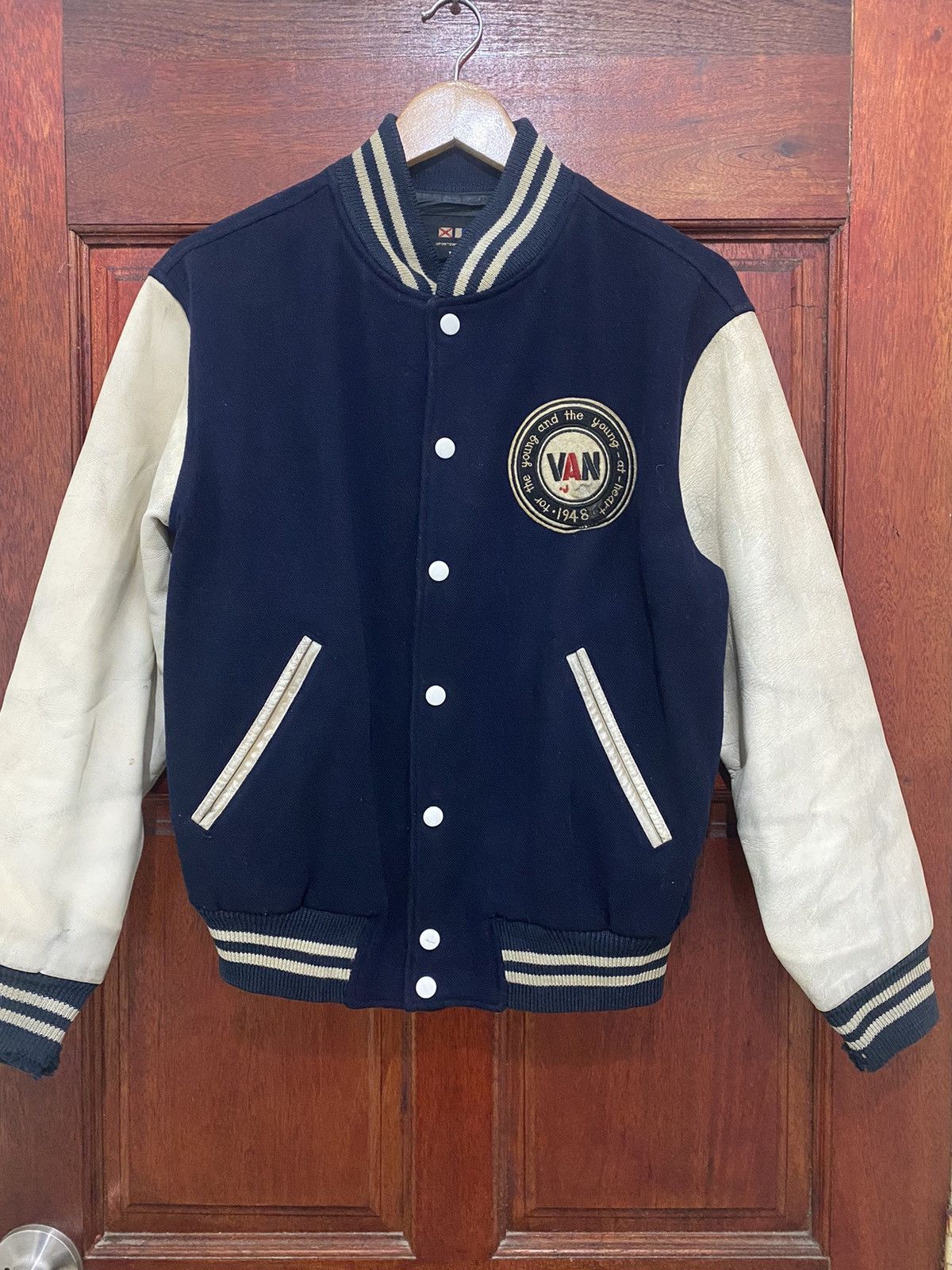 image of Leather x Varsity Jacket Vintage Varsity Jacket Van Jac Touch Down American Football in Blue Navy (