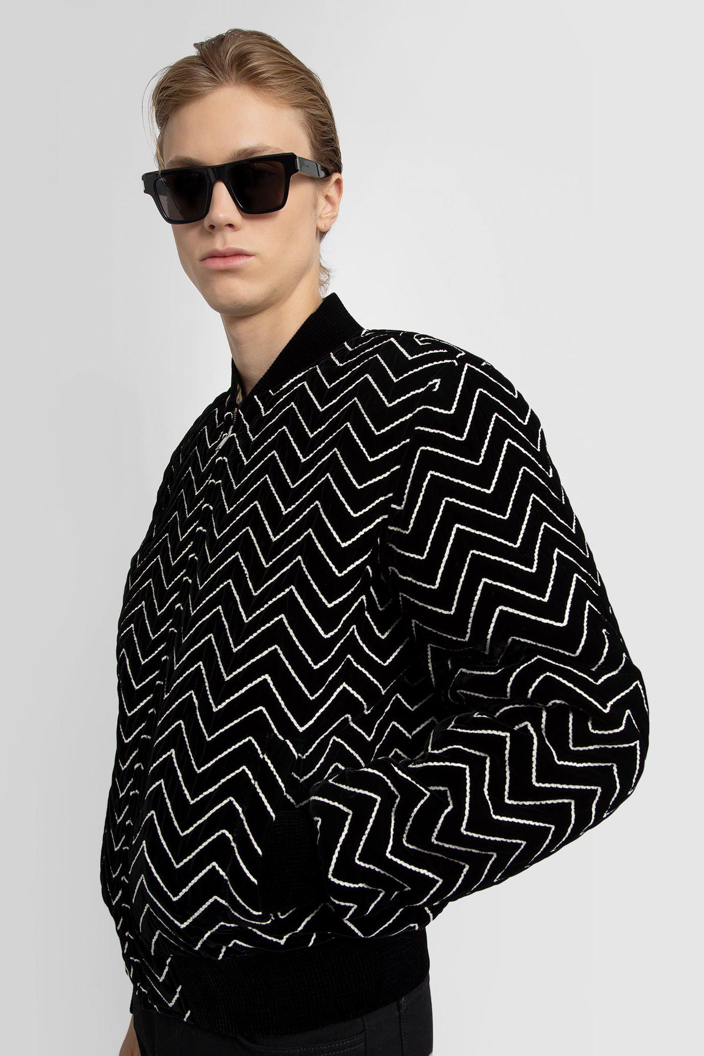 image of Saint Laurent Paris Saint Laurent Zigzag Velvet Bomber Jacket in Black White, Men's (Size Small)