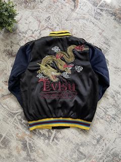 EVISU KURO Jacket Black Bomber Pockets Zipped Back Patches Logo Size XL