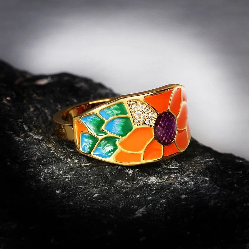 Japanese Brand × Jewelry × Vintage Creative Handmade Sunflower Enamel Ring Size ONE SIZE - 3 Thumbnail