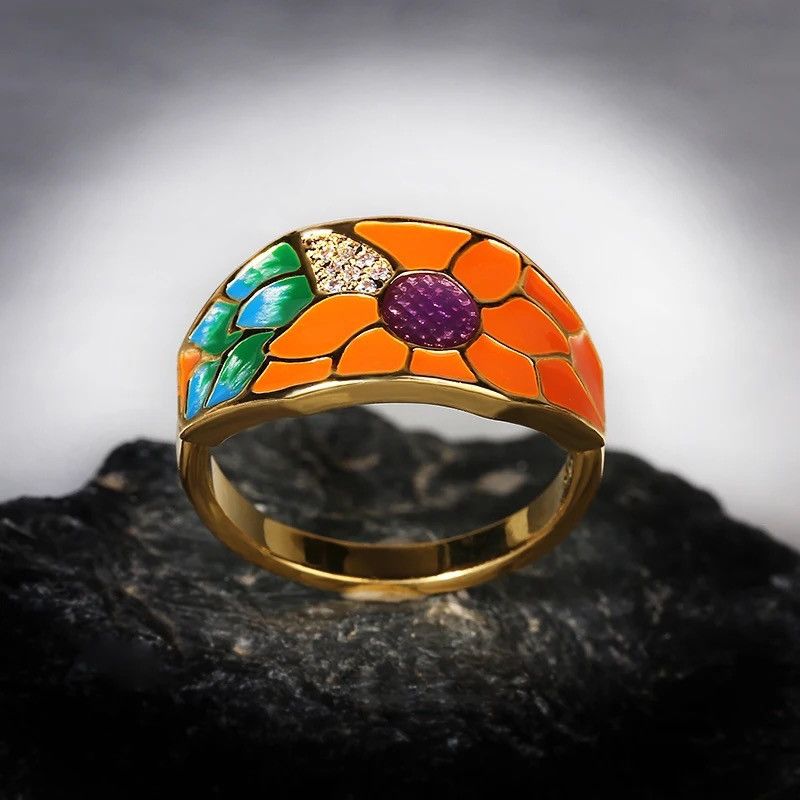 Japanese Brand × Jewelry × Vintage Creative Handmade Sunflower Enamel Ring Size ONE SIZE - 2 Thumbnail