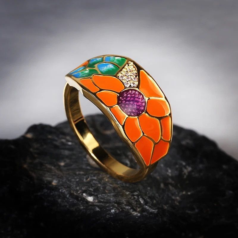 Japanese Brand × Jewelry × Vintage Creative Handmade Sunflower Enamel Ring Size ONE SIZE - 4 Thumbnail