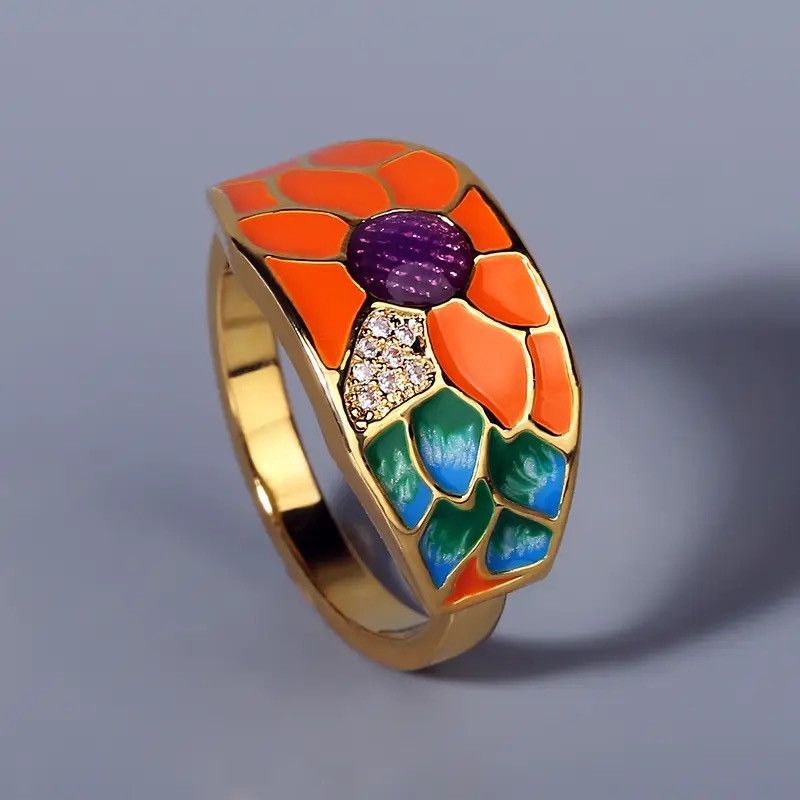 Japanese Brand × Jewelry × Vintage Creative Handmade Sunflower Enamel Ring Size ONE SIZE - 1 Thumbnail