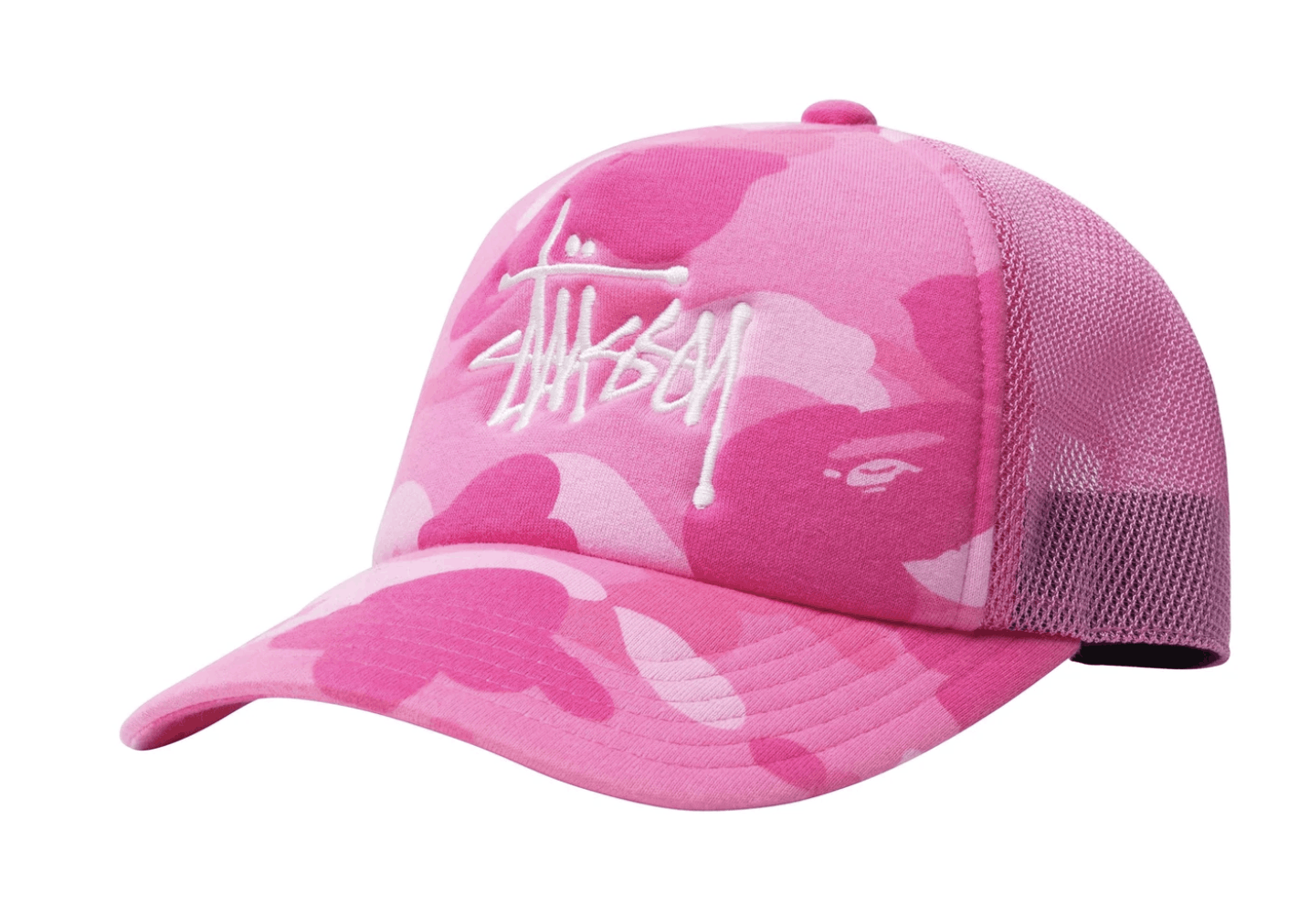 image of New Stüssy & Bape Trucker Cap Cotton Nylon Pink Camo, Men's