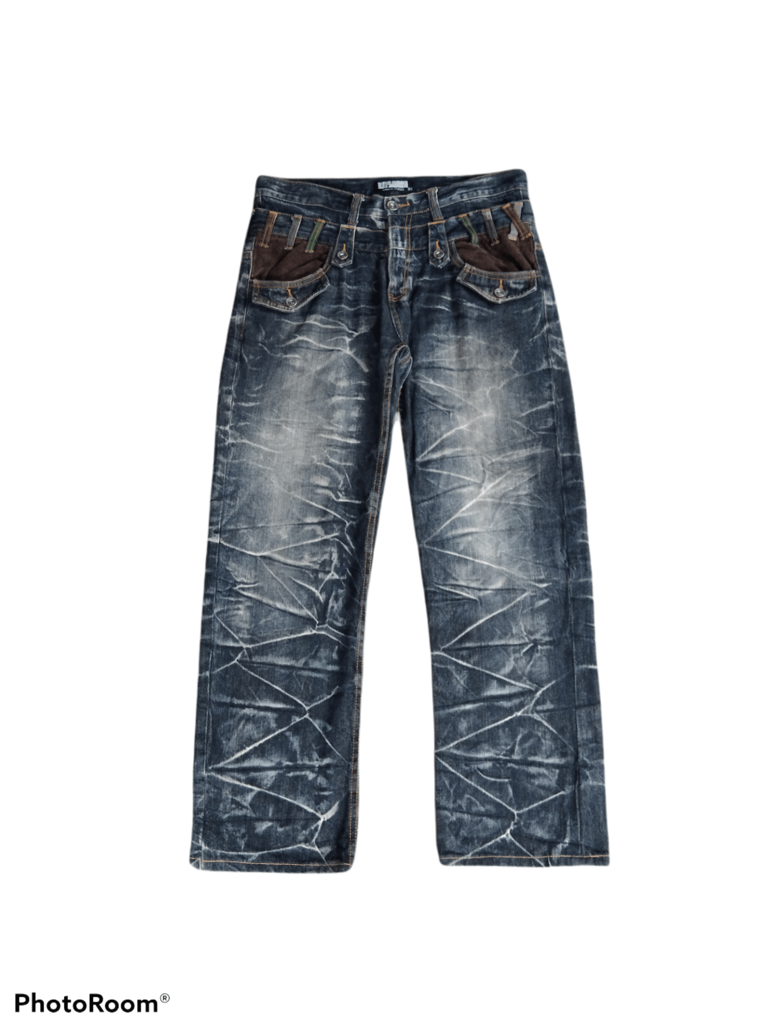 image of Avant Garde x Distressed Denim Japanese Seditionaries Double Waist Explossion in Blue Black Distres