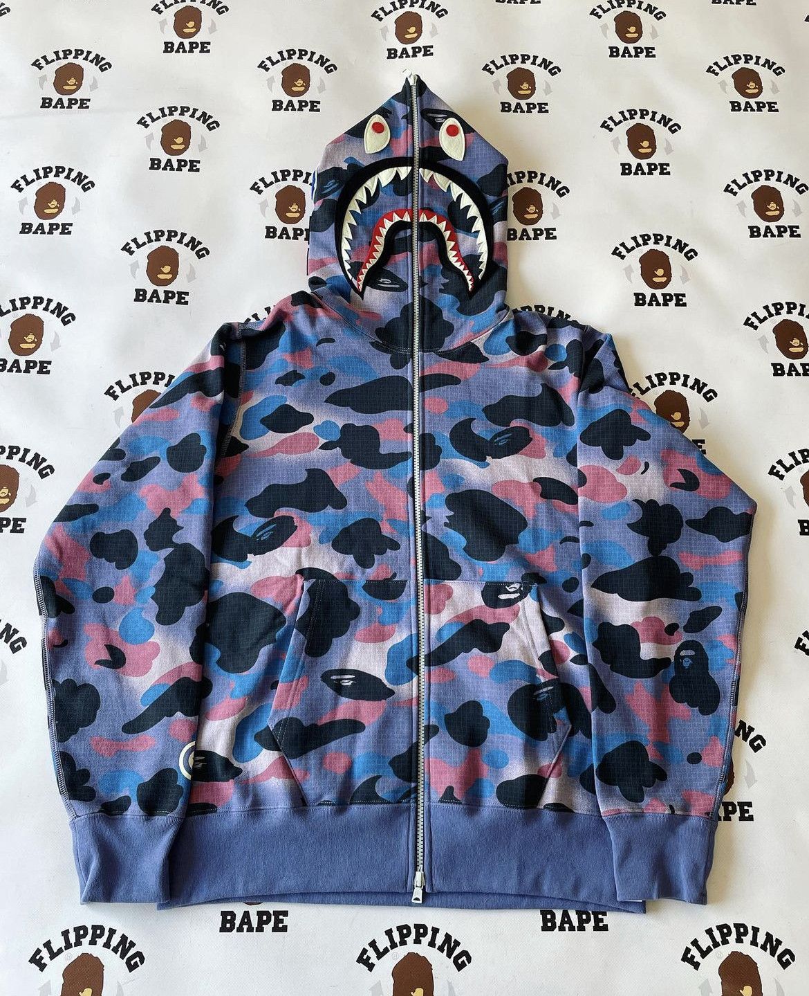 A Bathing Ape Men Grid Camo Shark Full Zip Hoodie black