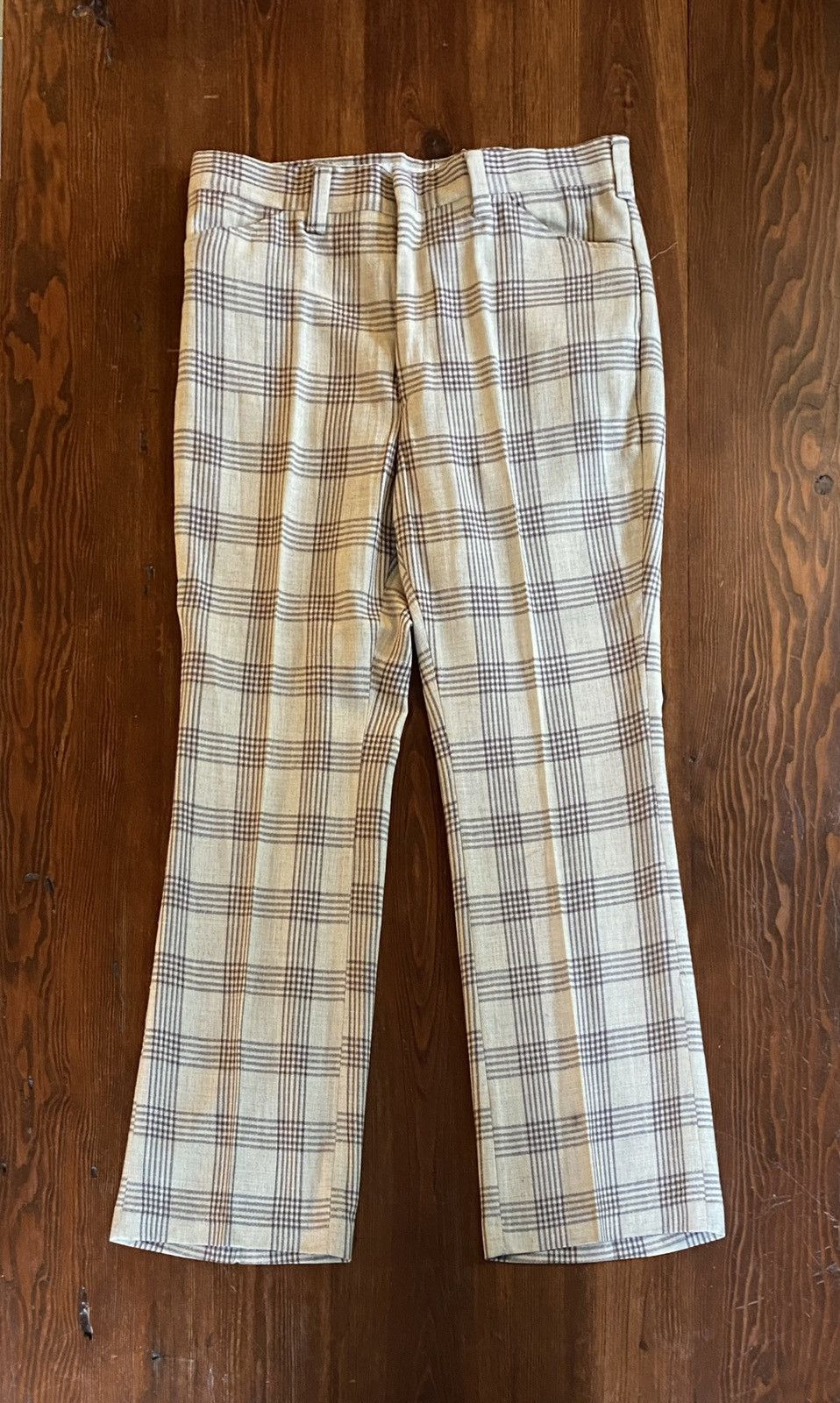 Vintage 70's Wrangler Beige Brown Plaid Flare Pants 37x33
