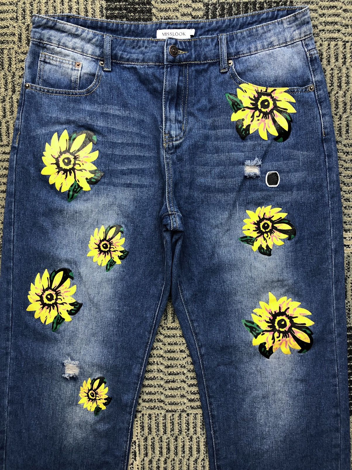 Japanese Brand Misslook Flower Print Inspire Denim Tears Faded Blue Jeans Size US 33 - 3 Thumbnail