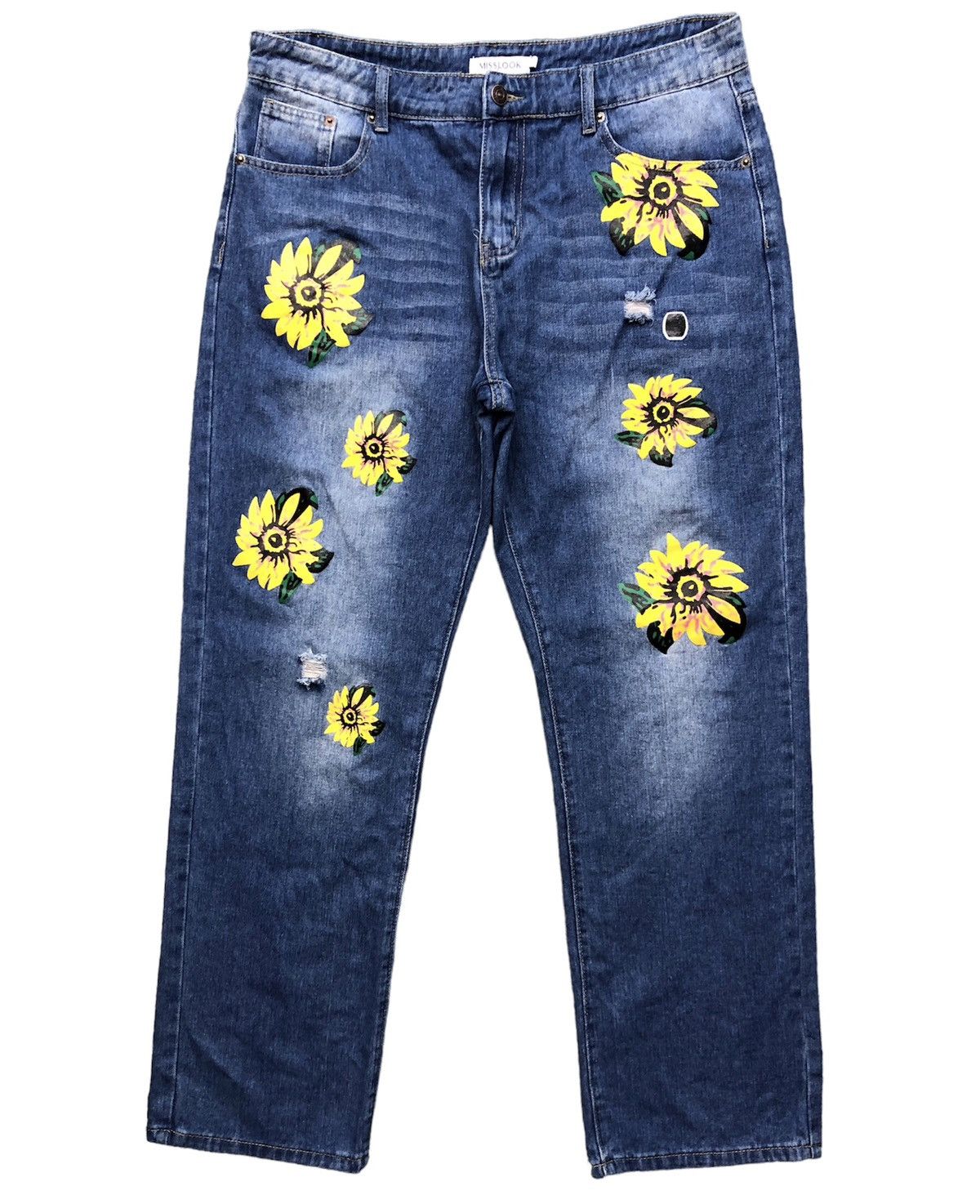 Japanese Brand Misslook Flower Print Inspire Denim Tears Faded Blue Jeans Size US 33 - 1 Thumbnail
